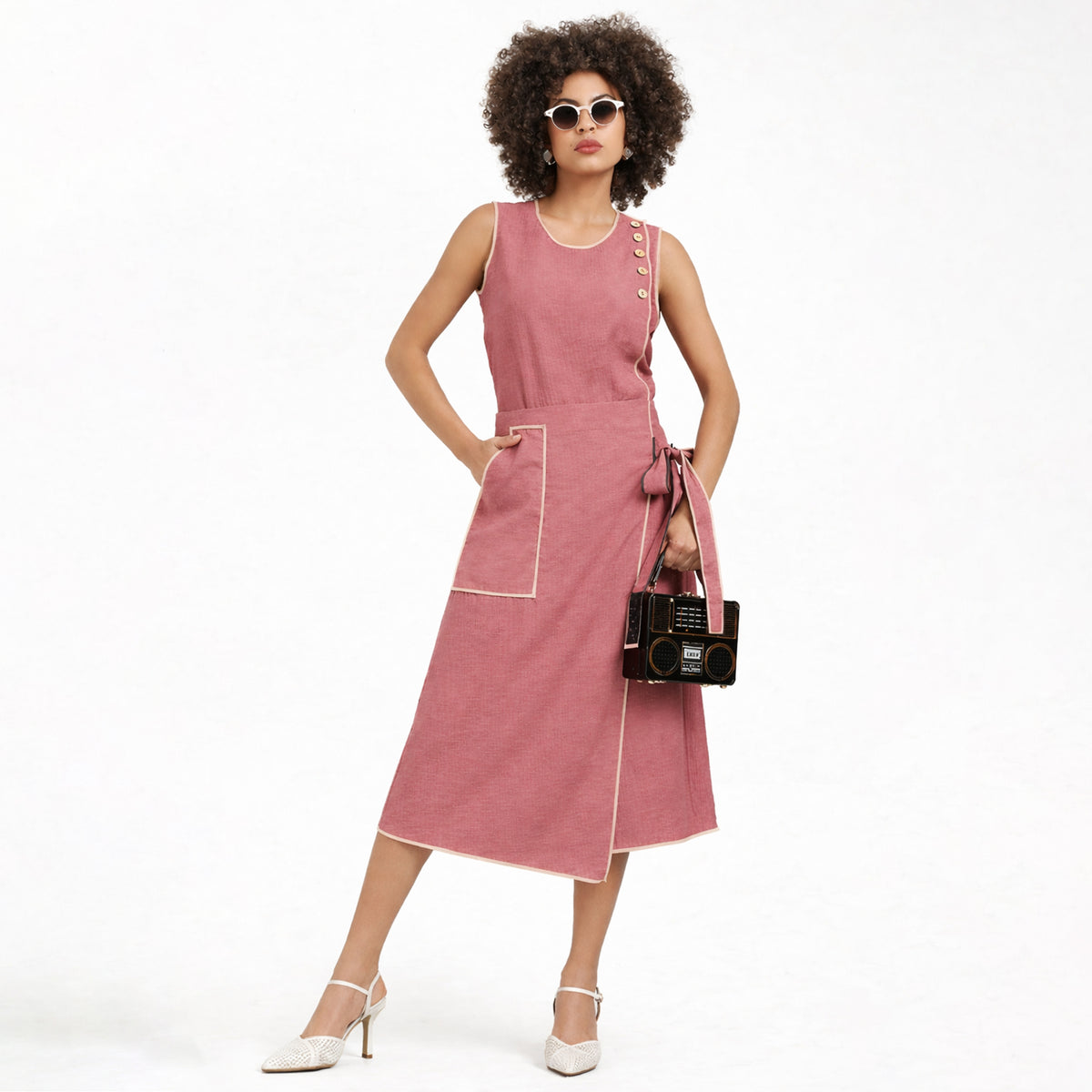 Peach Asymmetrical Textured Skirt With Off Beige Piping