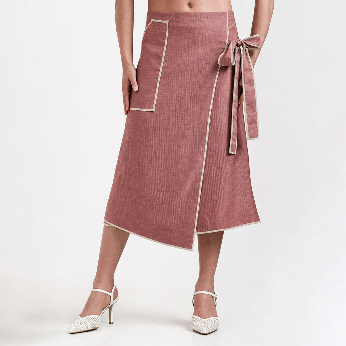 Peach Asymmetrical Textured Skirt With Off Beige Piping
