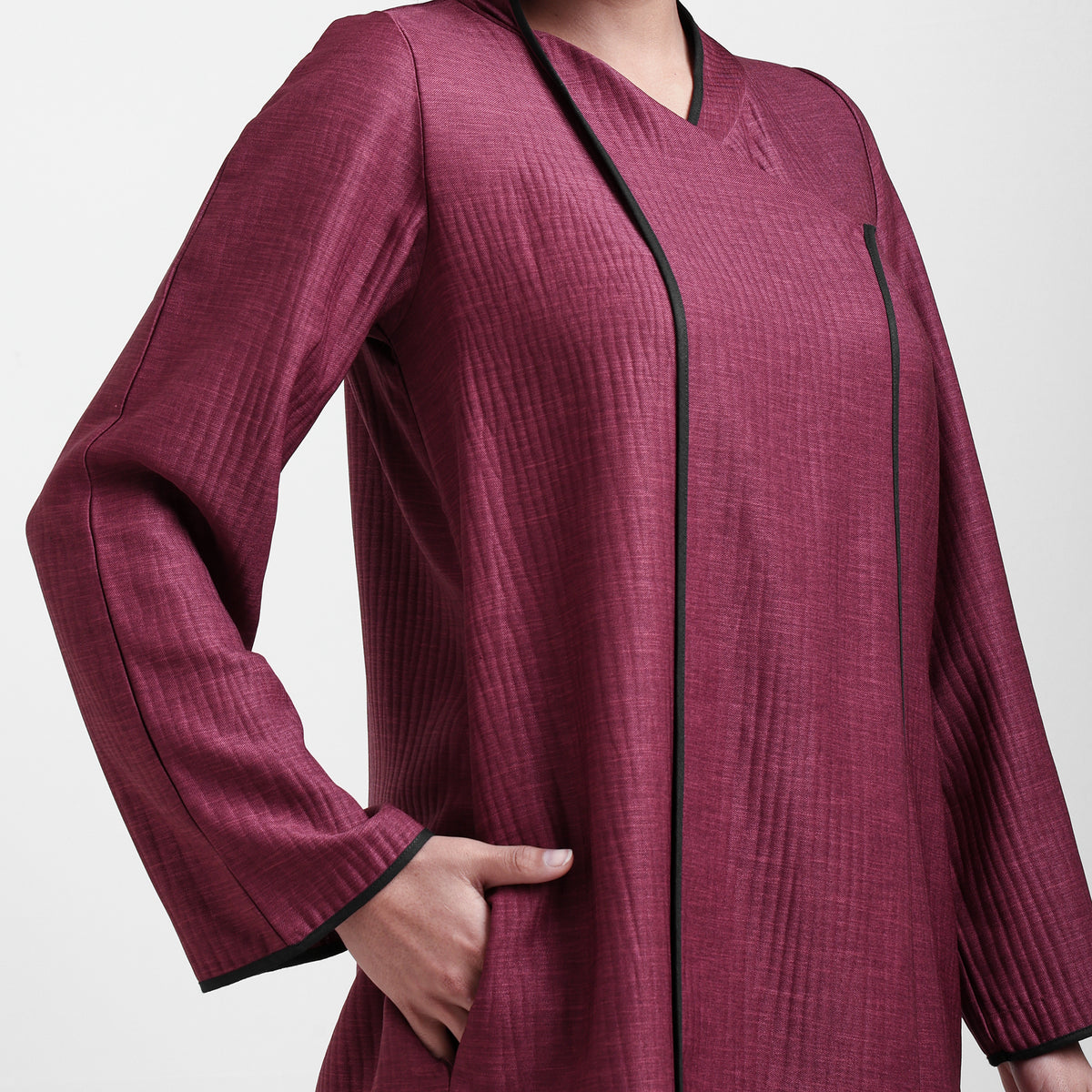 Wine Textured Overlap Kurta With Black Piping