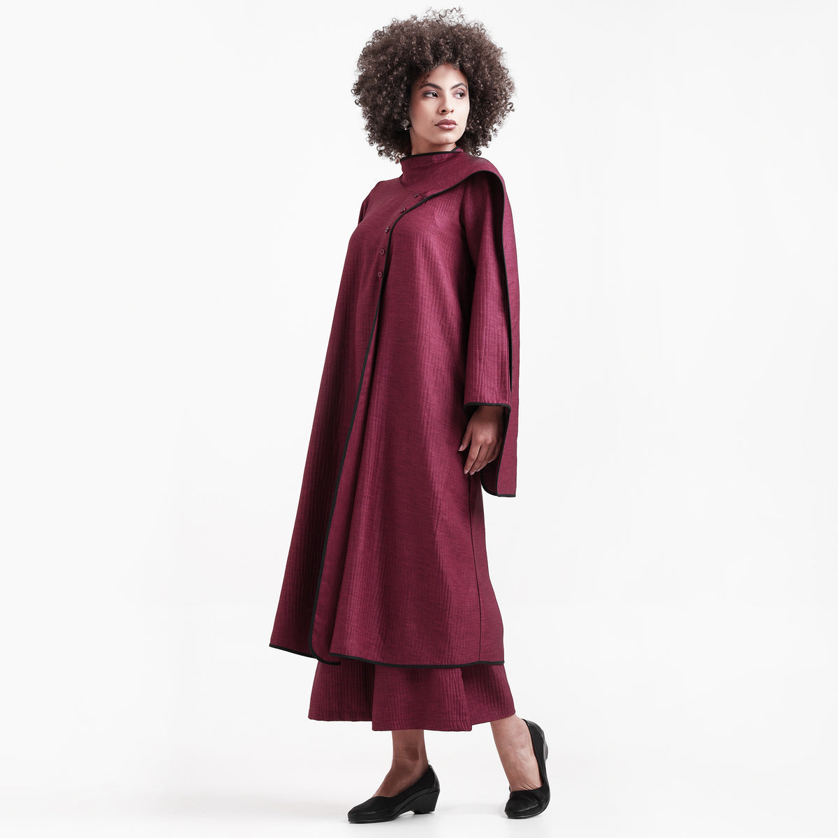 Wine Textured Overlap Kurta With Black Piping