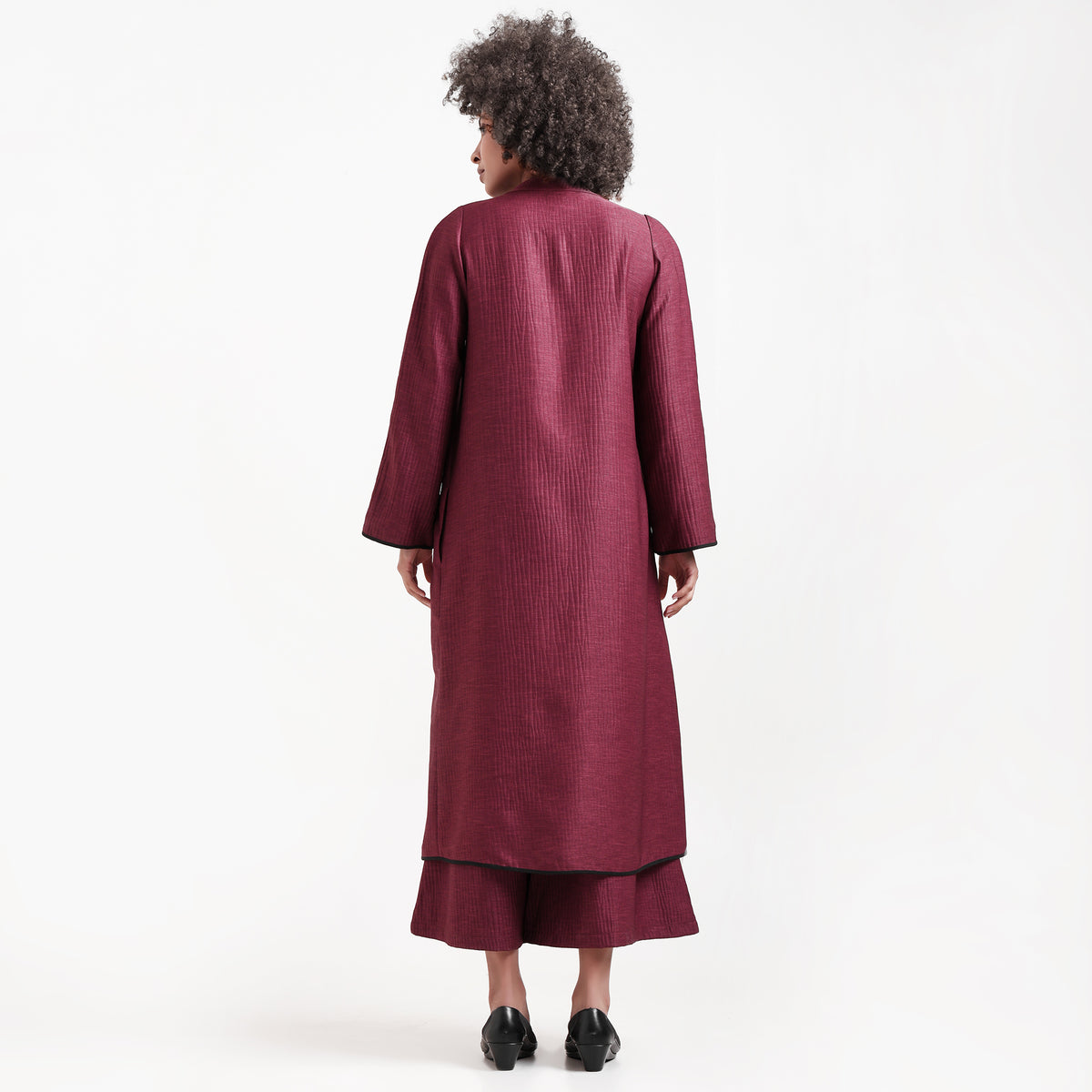 Wine Textured Overlap Kurta With Black Piping
