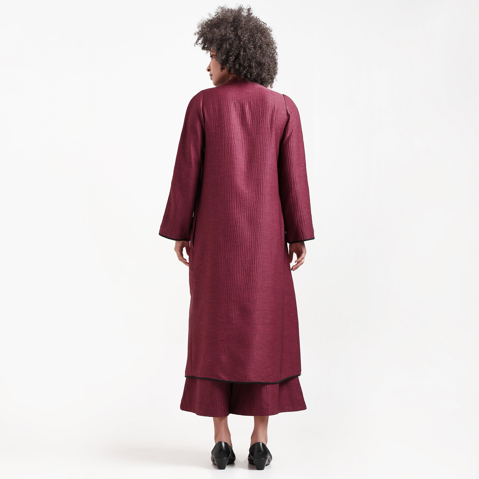 Wine Textured Overlap Kurta With Black Piping