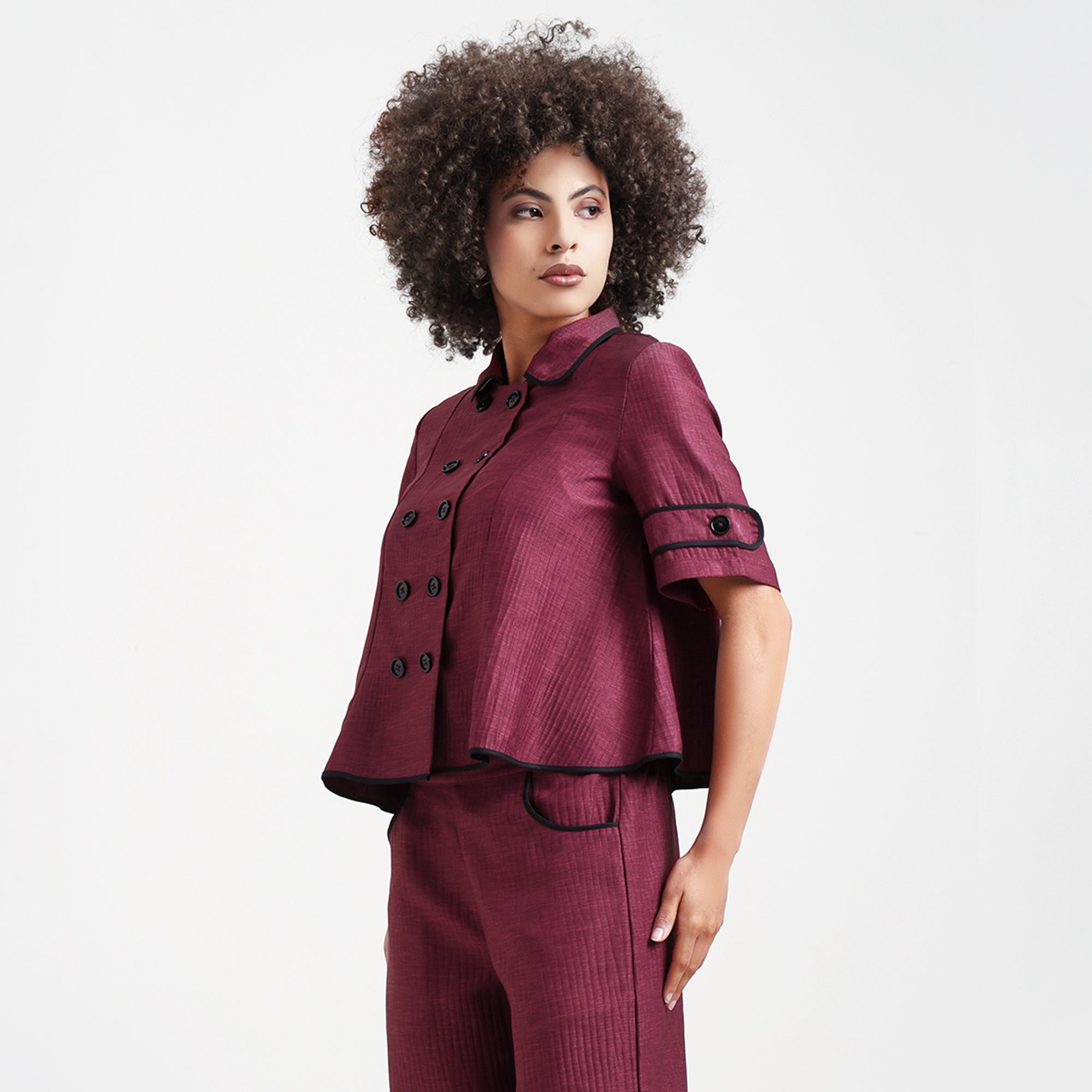 Wine Textured Top With Black Piping