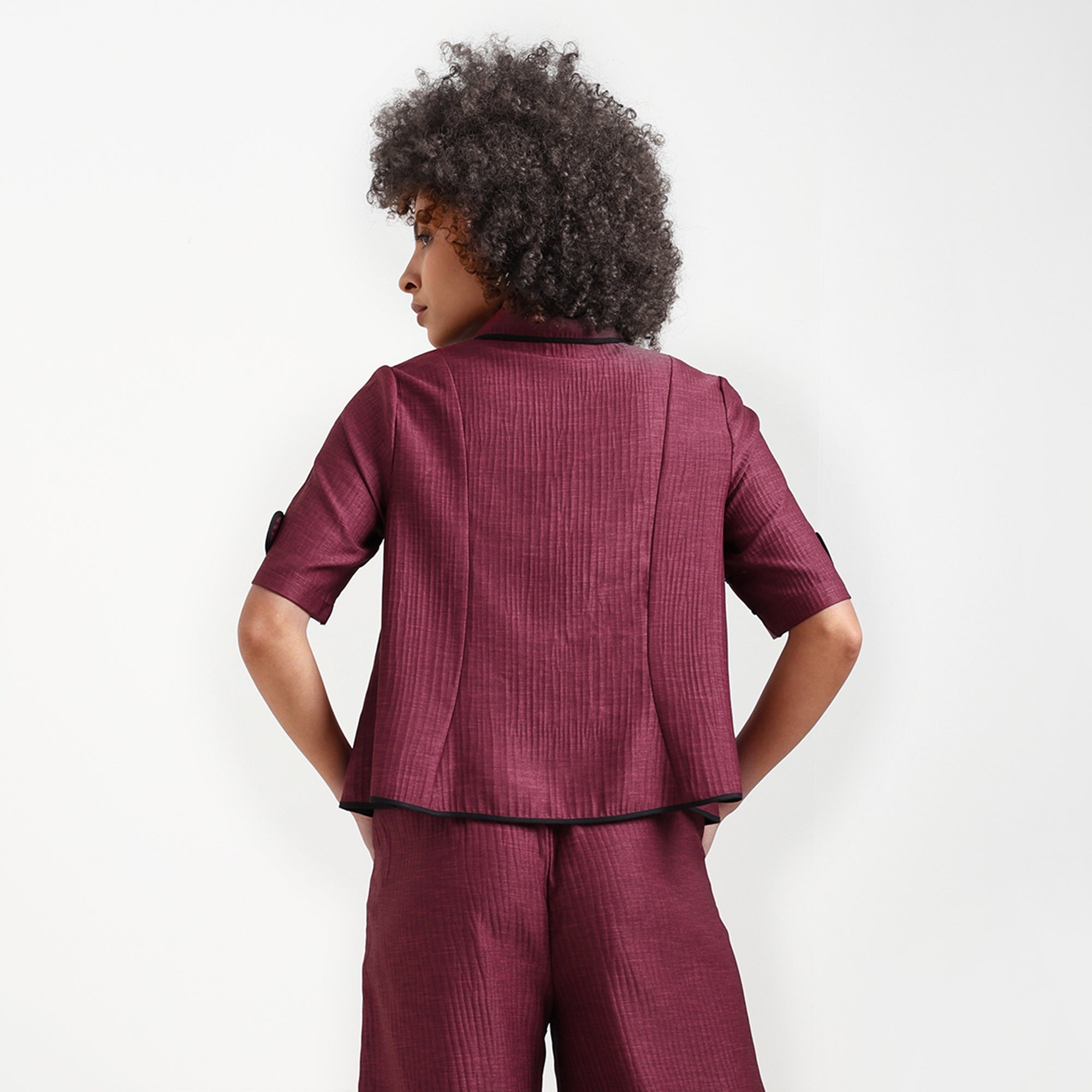 Wine Textured Top With Black Piping