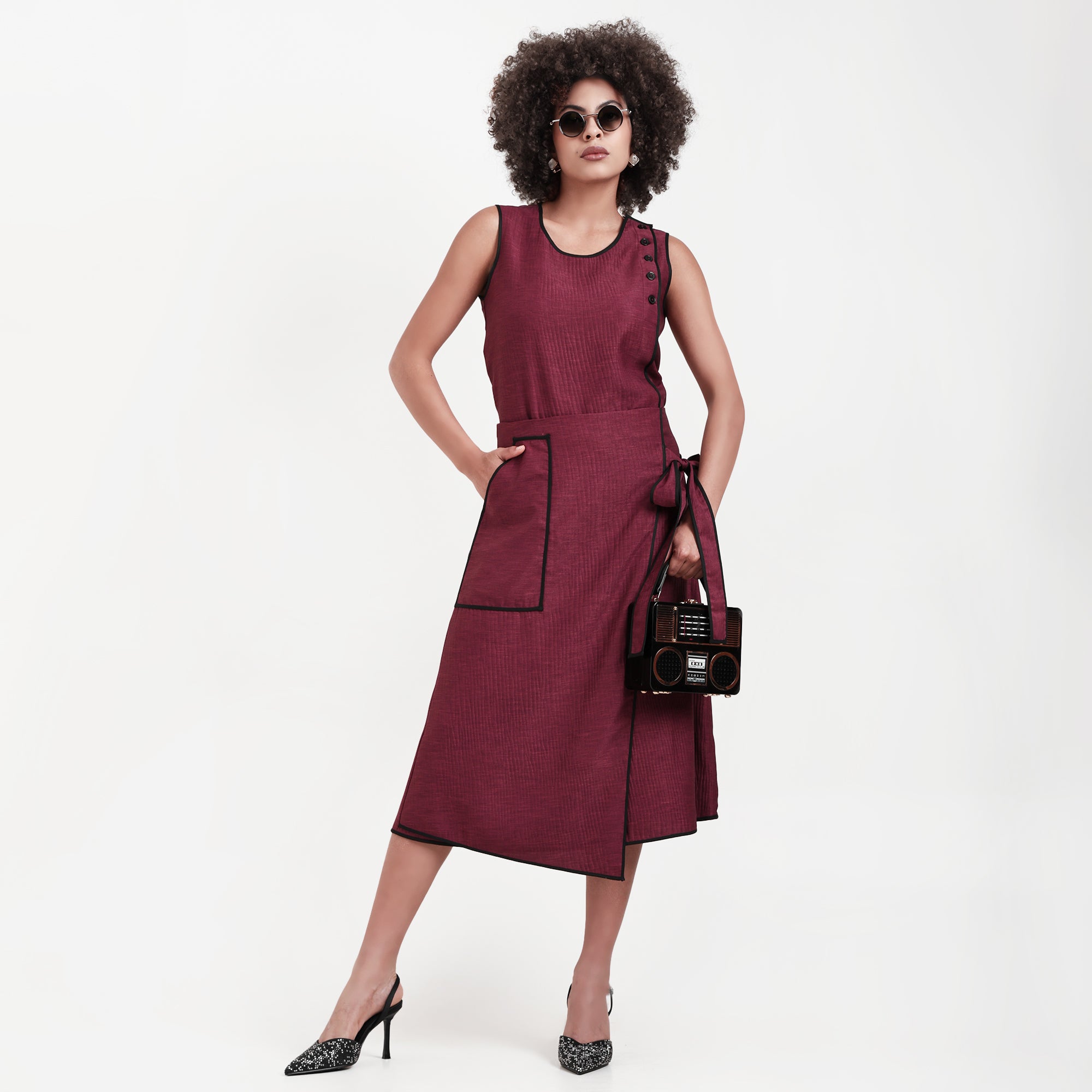 Wine Asymmetrical Textured Skirt With Black Piping