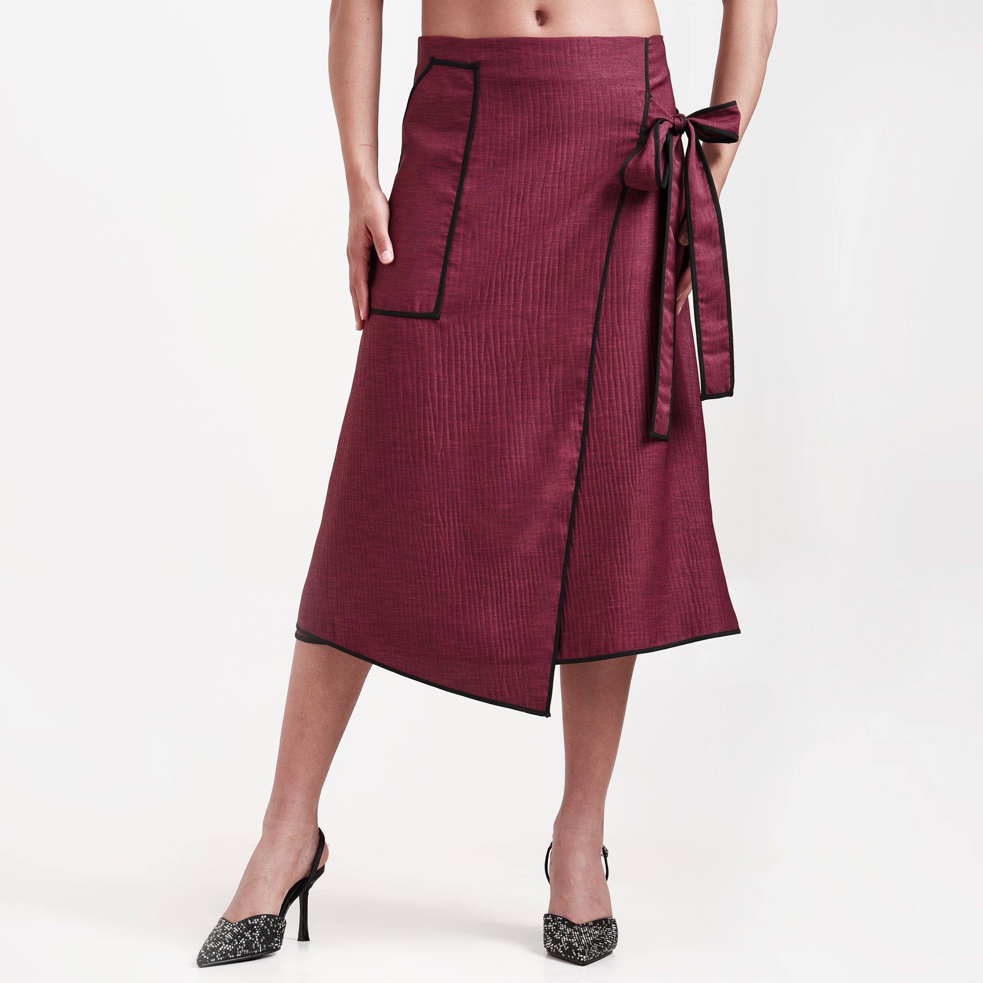 Wine Asymmetrical Textured Skirt With Black Piping