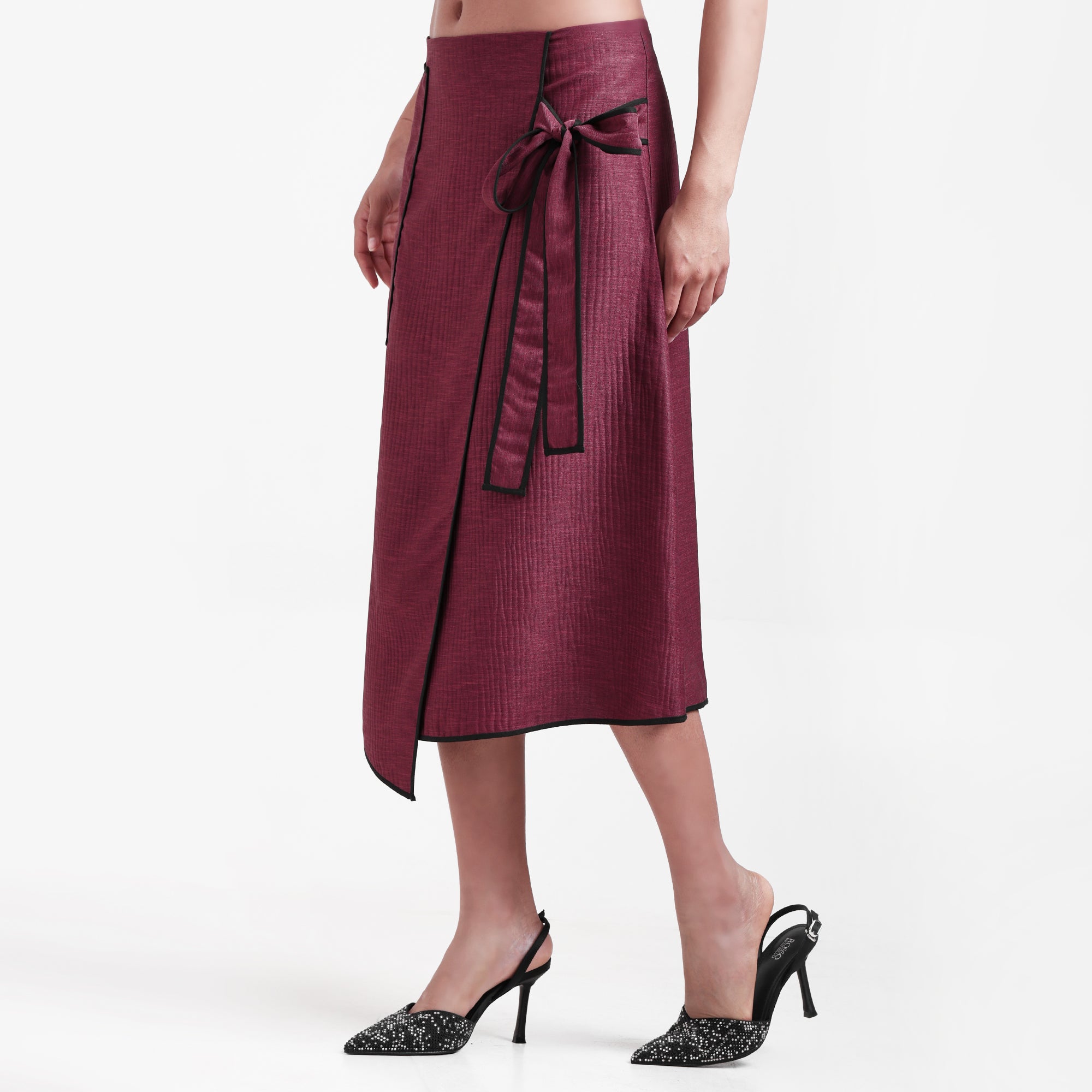 Wine Asymmetrical Textured Skirt With Black Piping