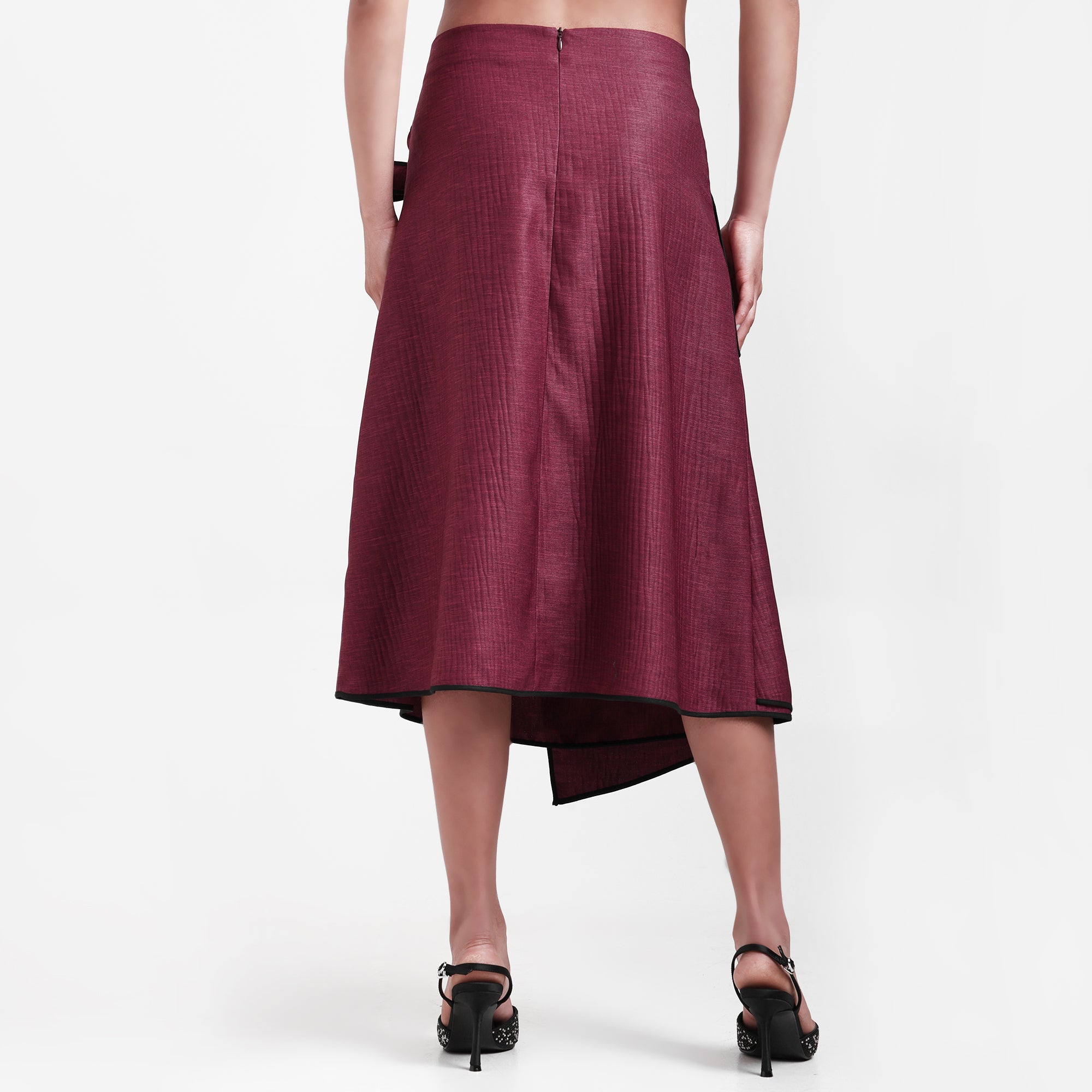 Wine Asymmetrical Textured Skirt With Black Piping