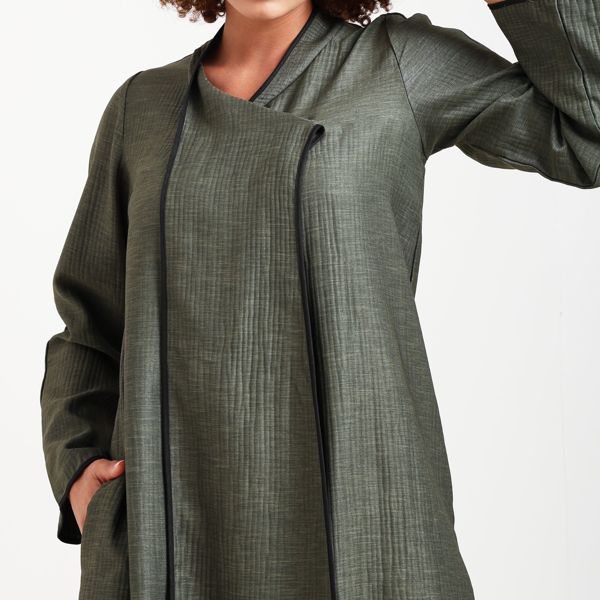 Olive Green Textured Overlap Kurta With Black Piping