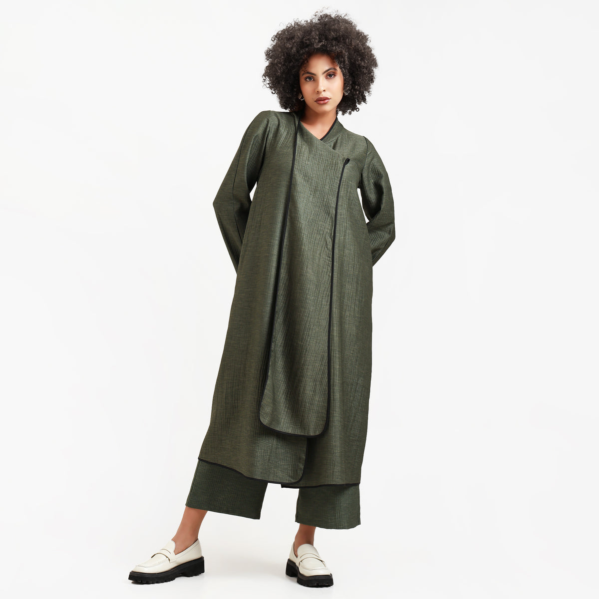 Olive Green Textured Overlap Kurta With Black Piping