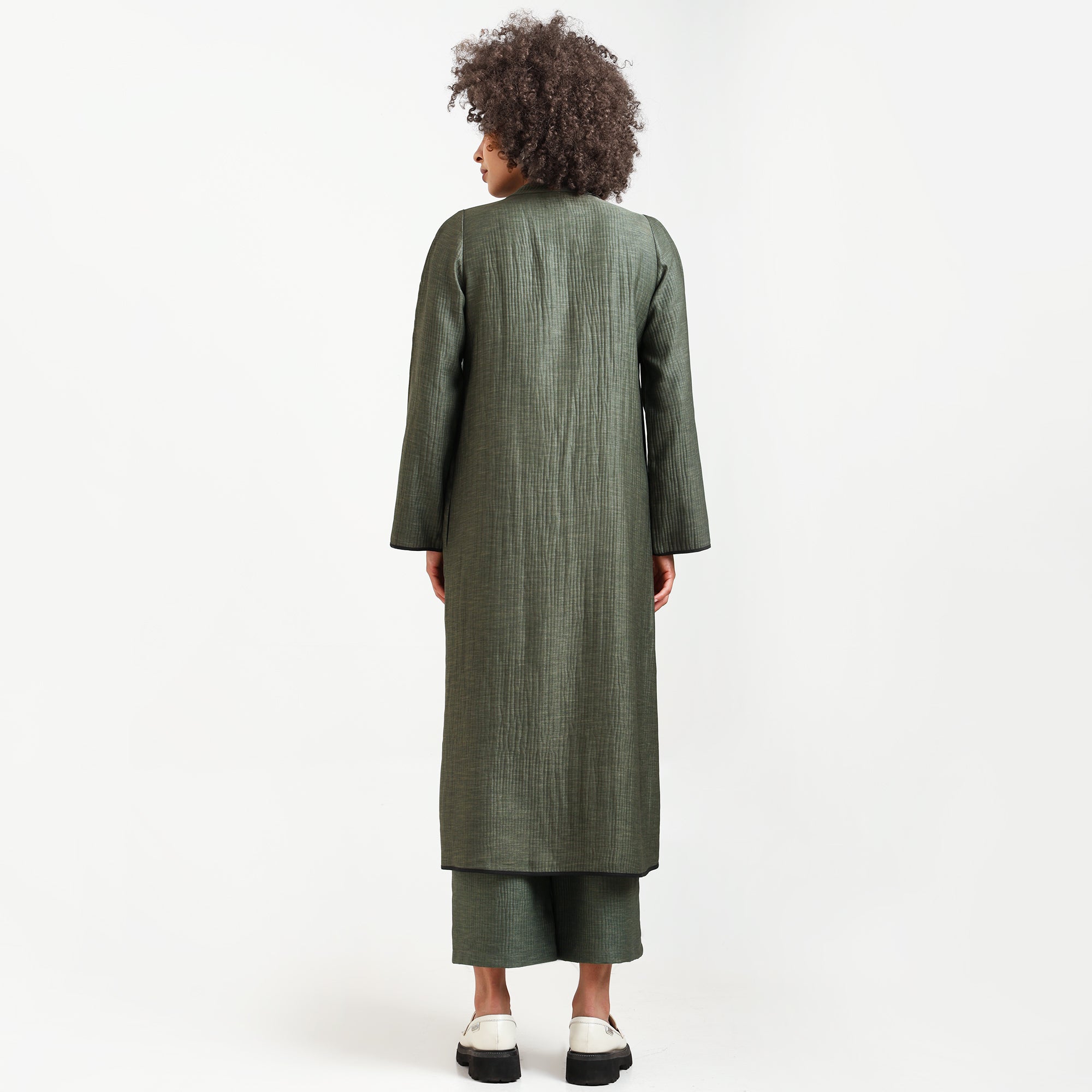 Olive Green Textured Overlap Kurta With Black Piping