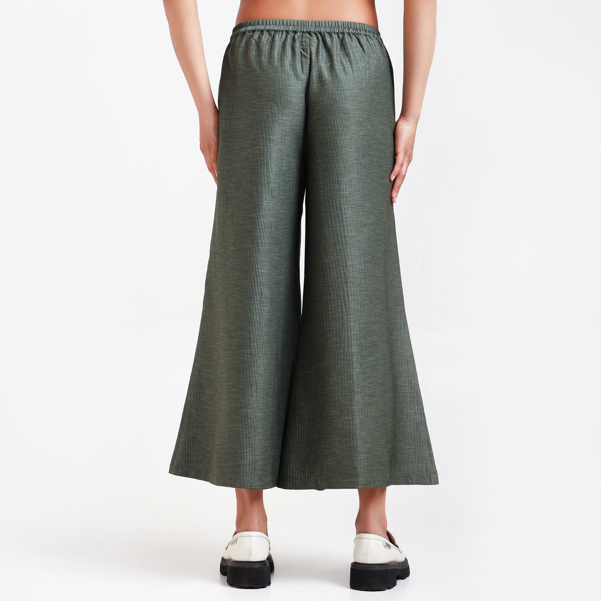 Olive Green Textured Plazzo With Black Piping