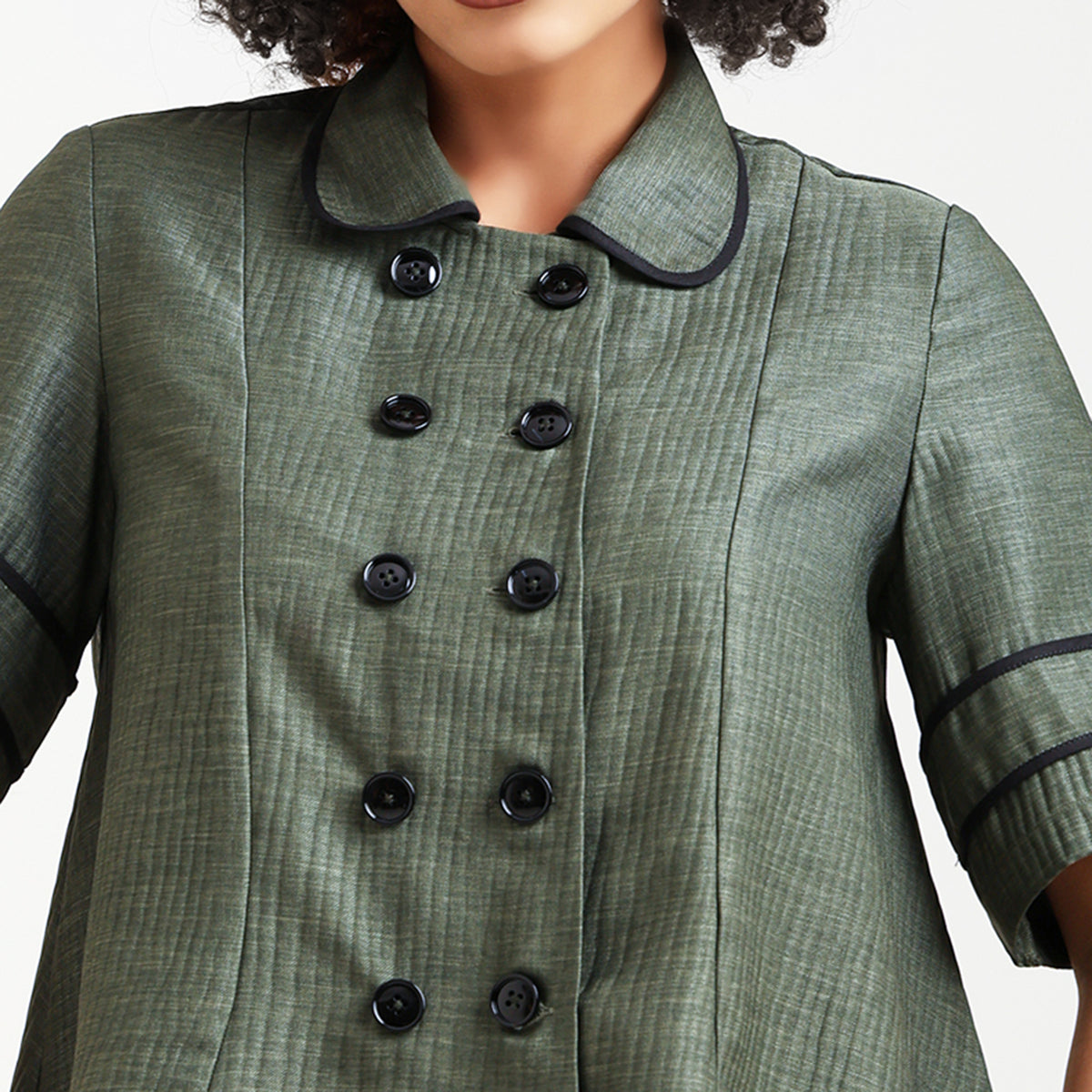 Olive Green Overlap Textured Top With Black Piping