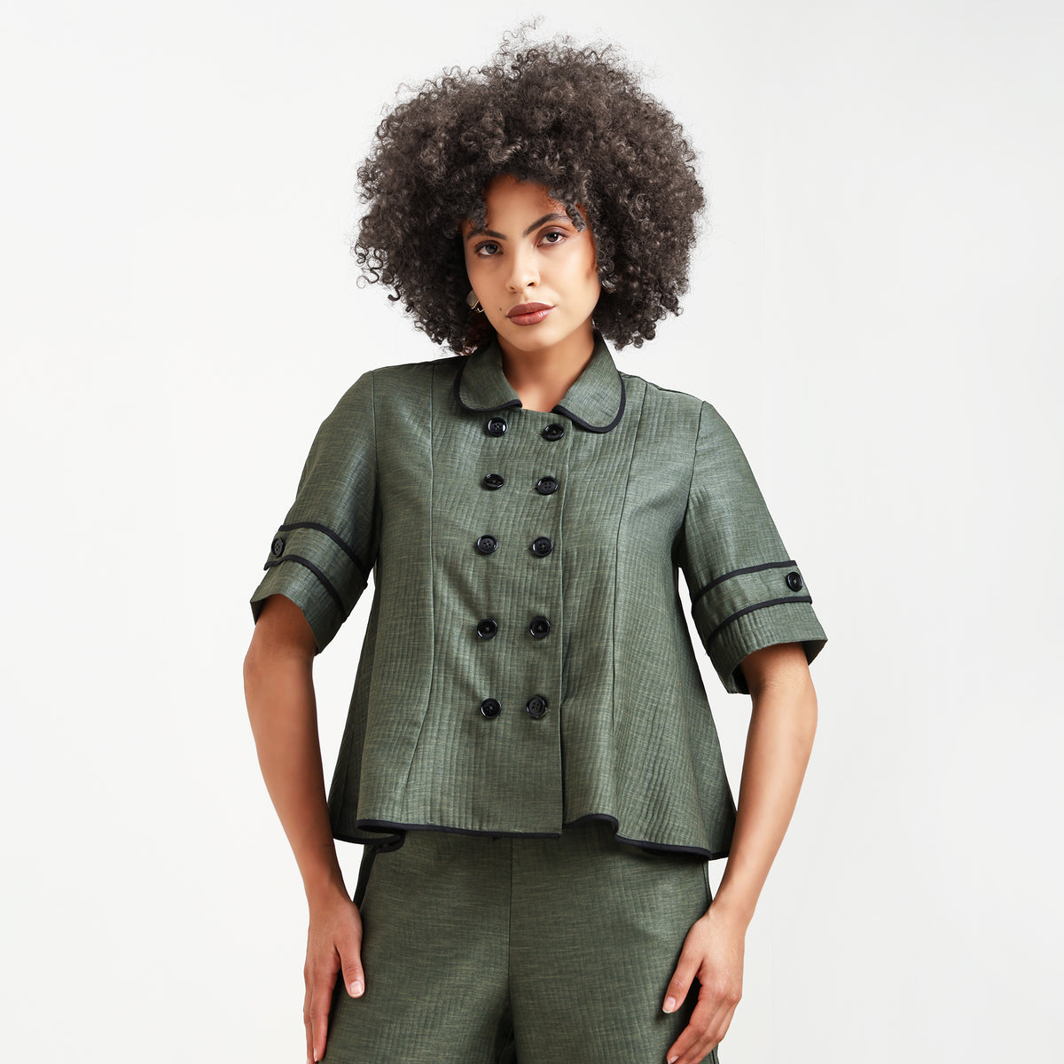 Olive Green Overlap Textured Top With Black Piping