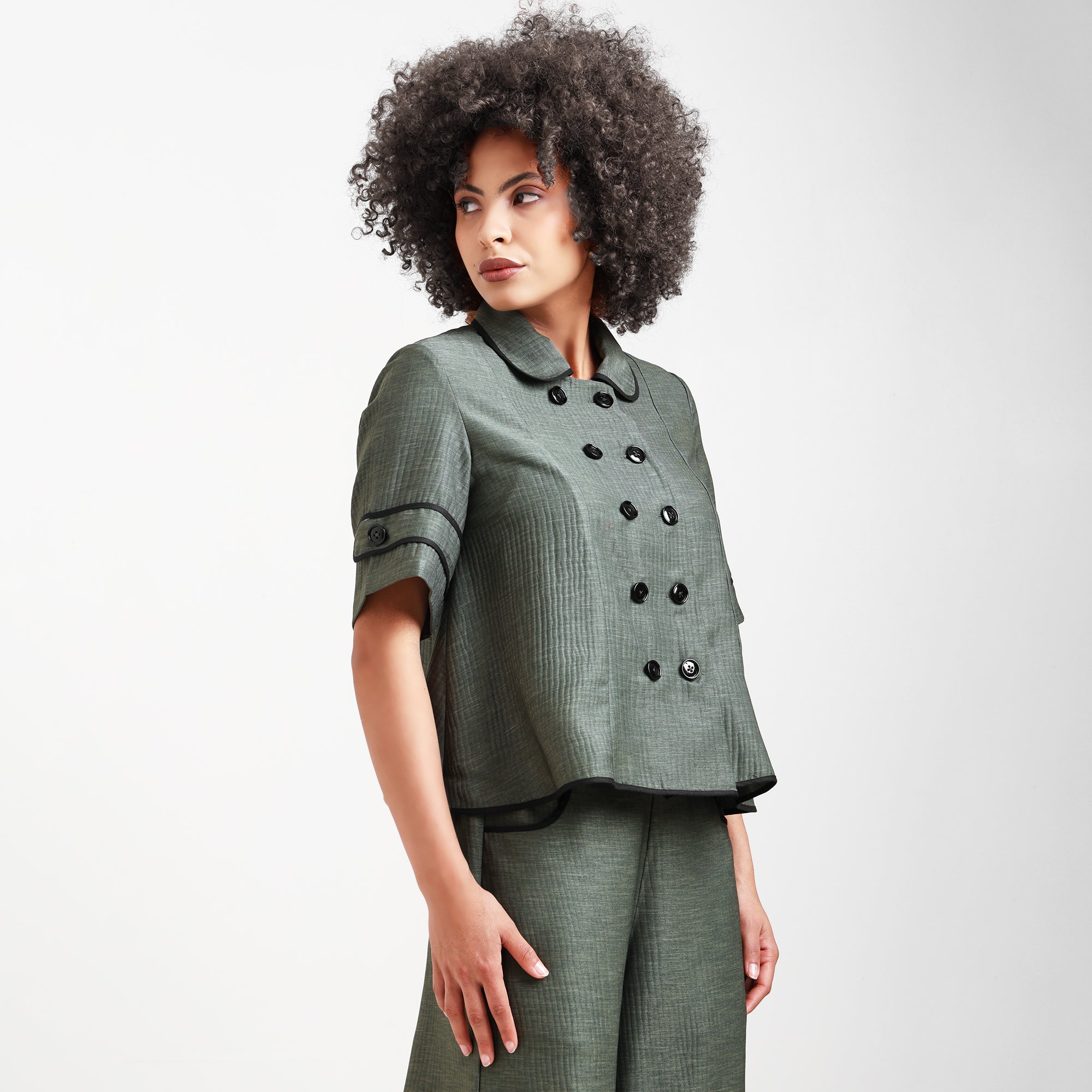 Olive Green Overlap Textured Top With Black Piping