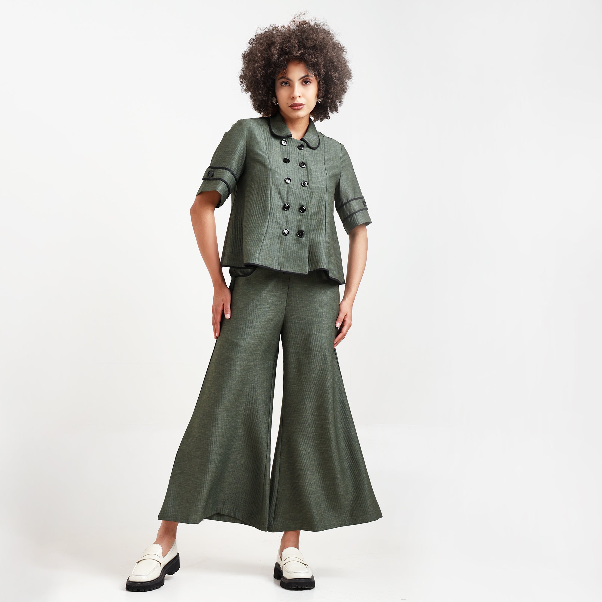 Olive Green Overlap Textured Top With Black Piping