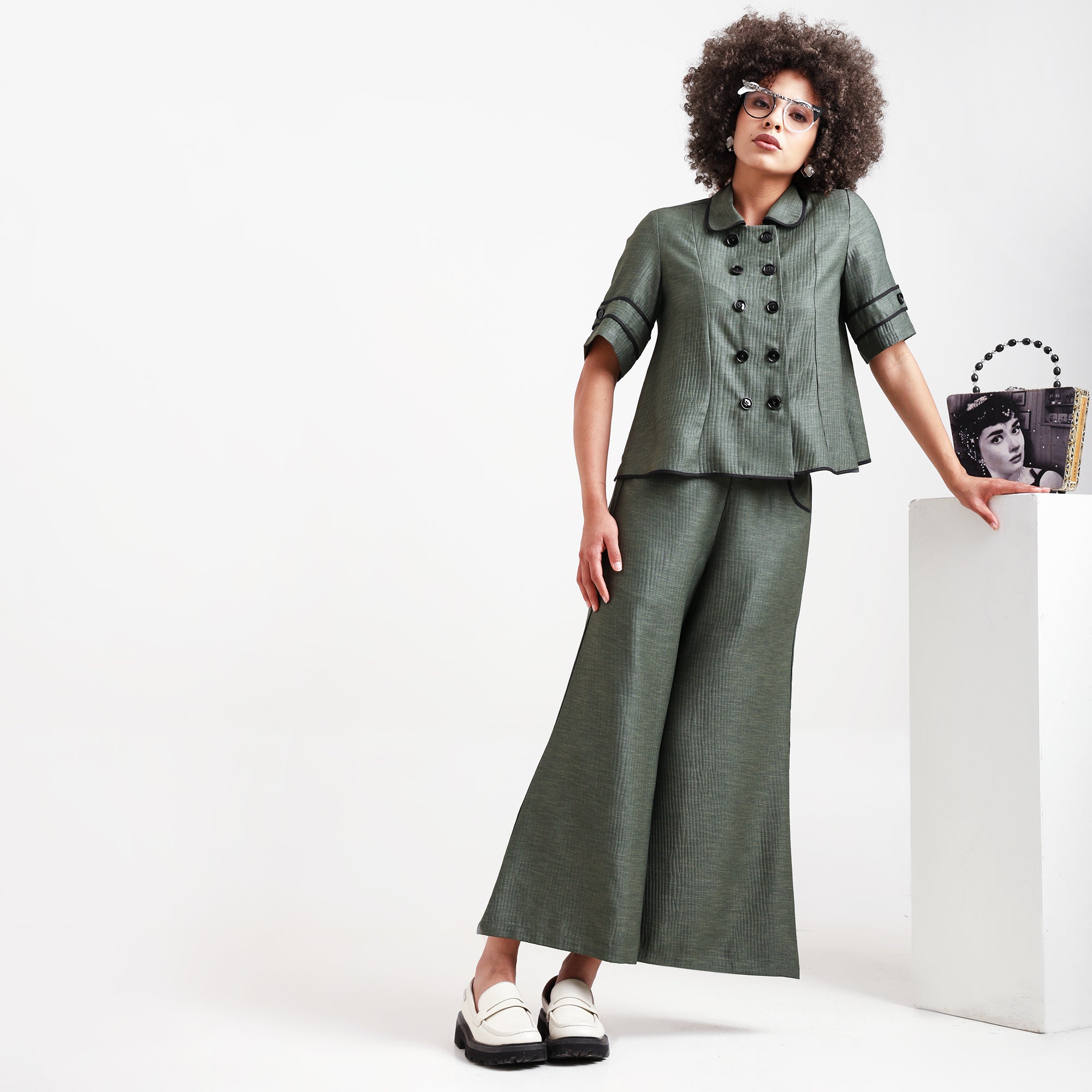 Olive Green Overlap Textured Top With Black Piping