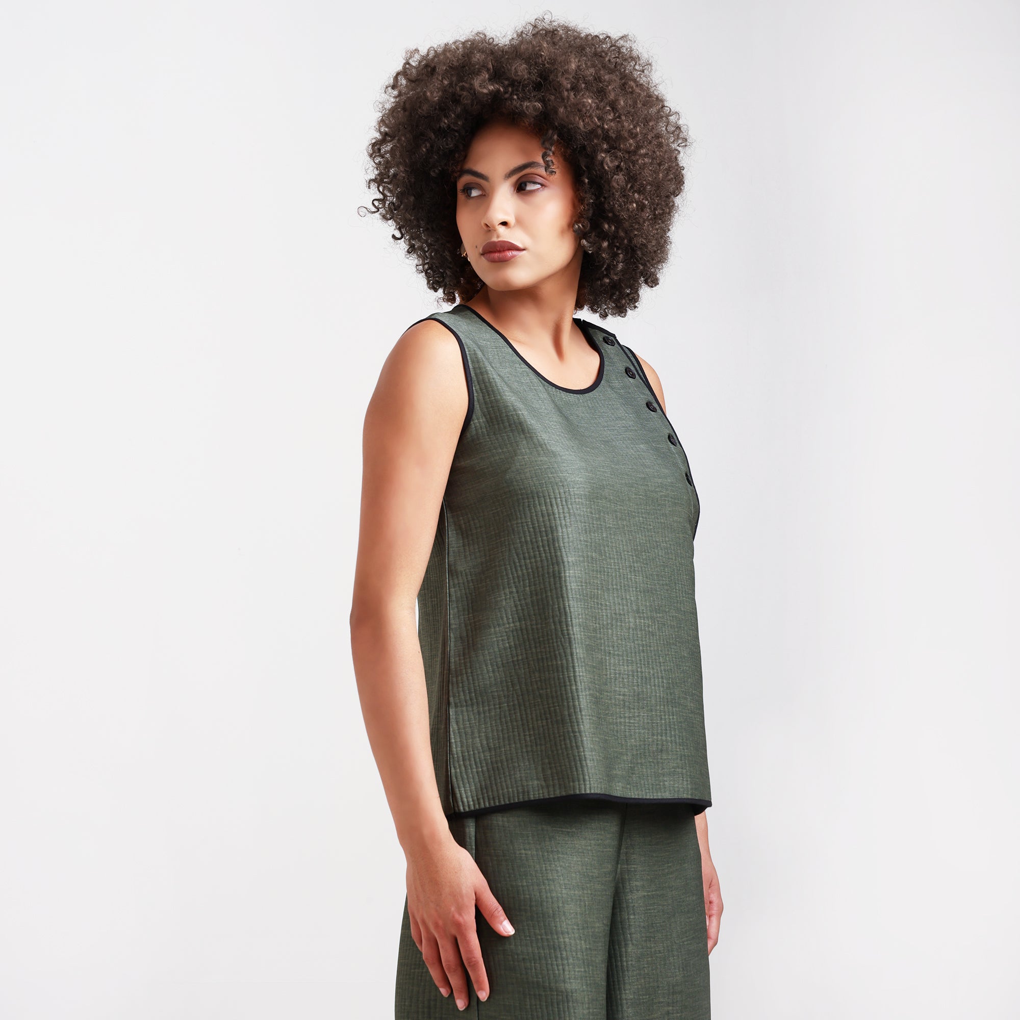Olive Green Textured Sleeveless Top With Black Piping