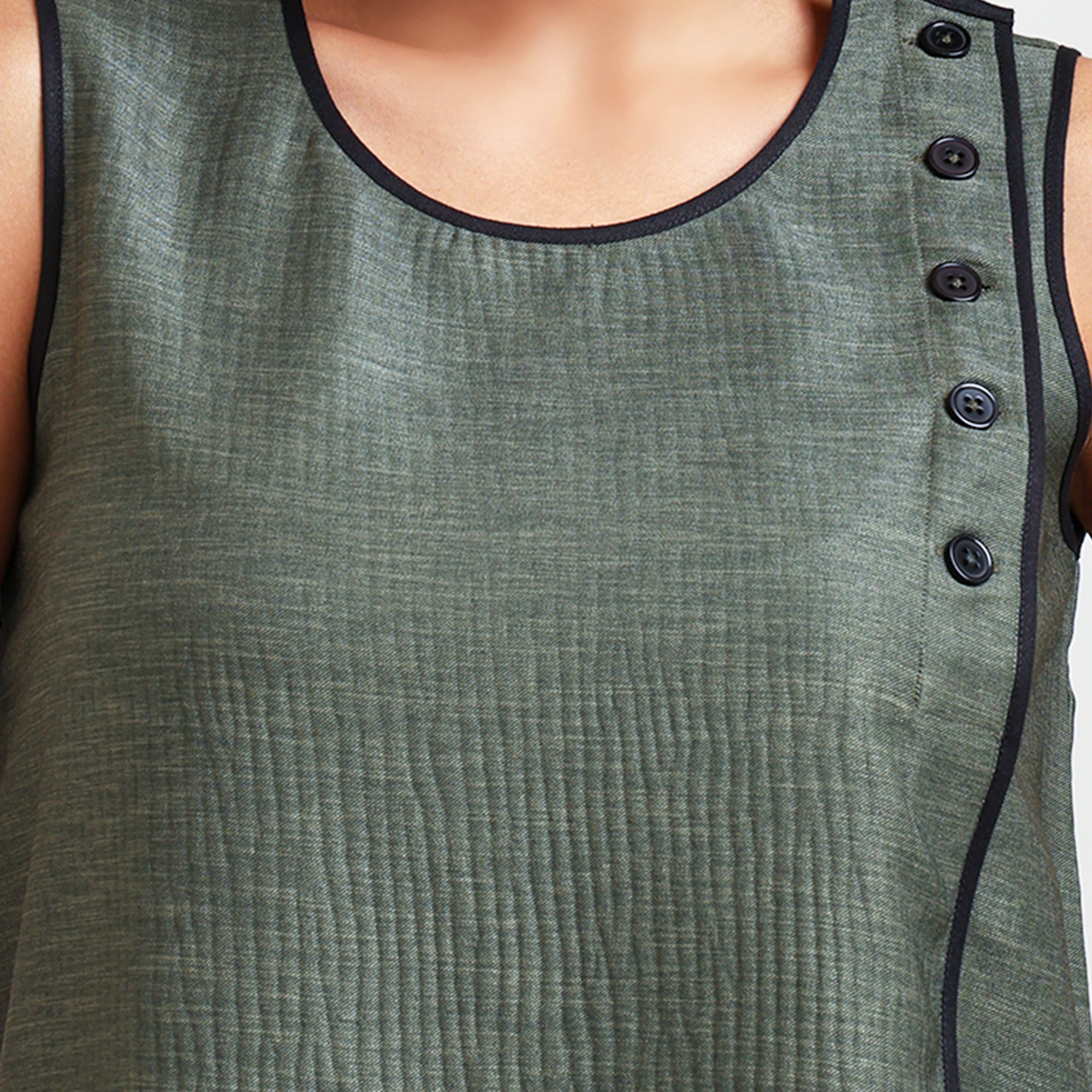 Olive Green Textured Sleeveless Top With Black Piping