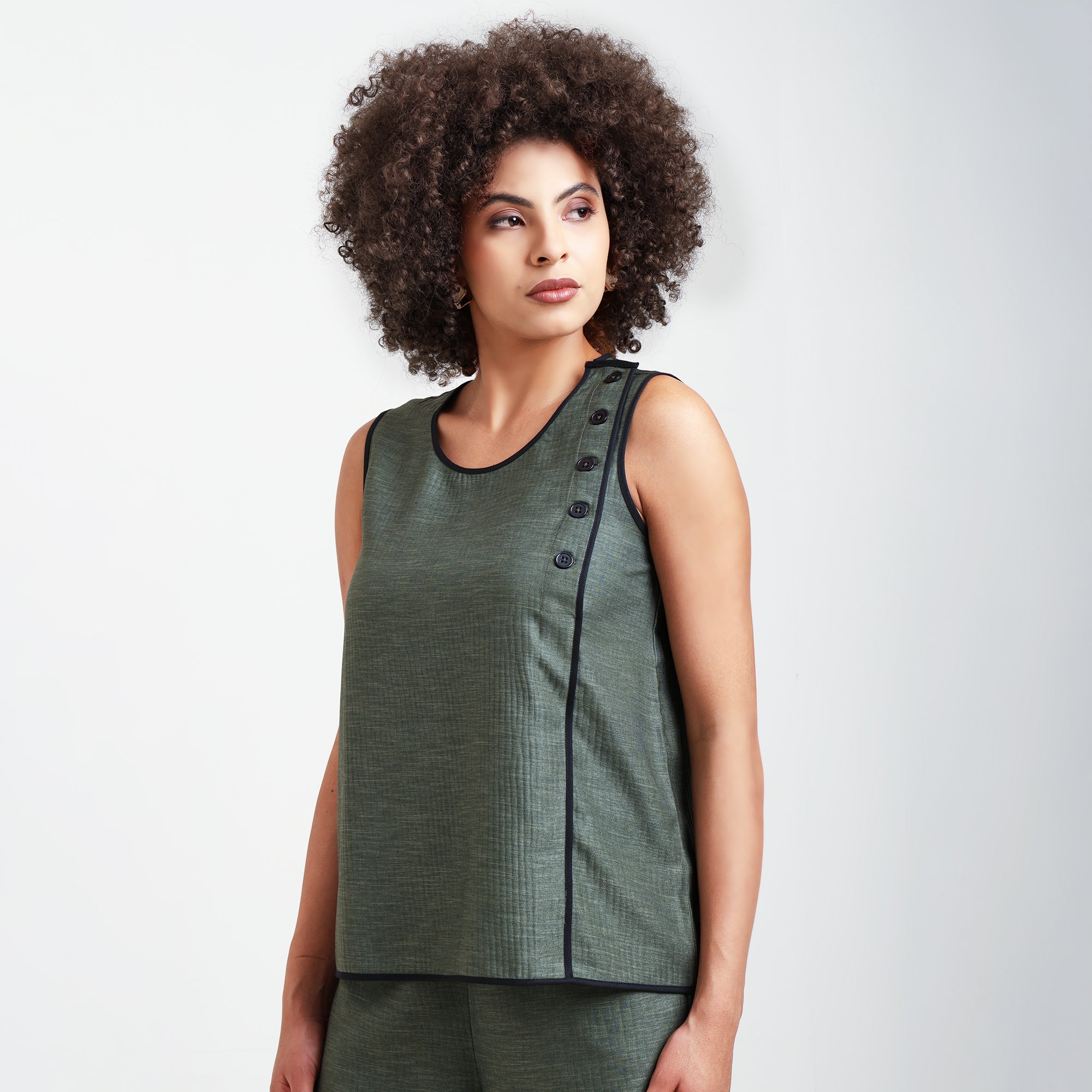 Olive Green Textured Sleeveless Top With Black Piping