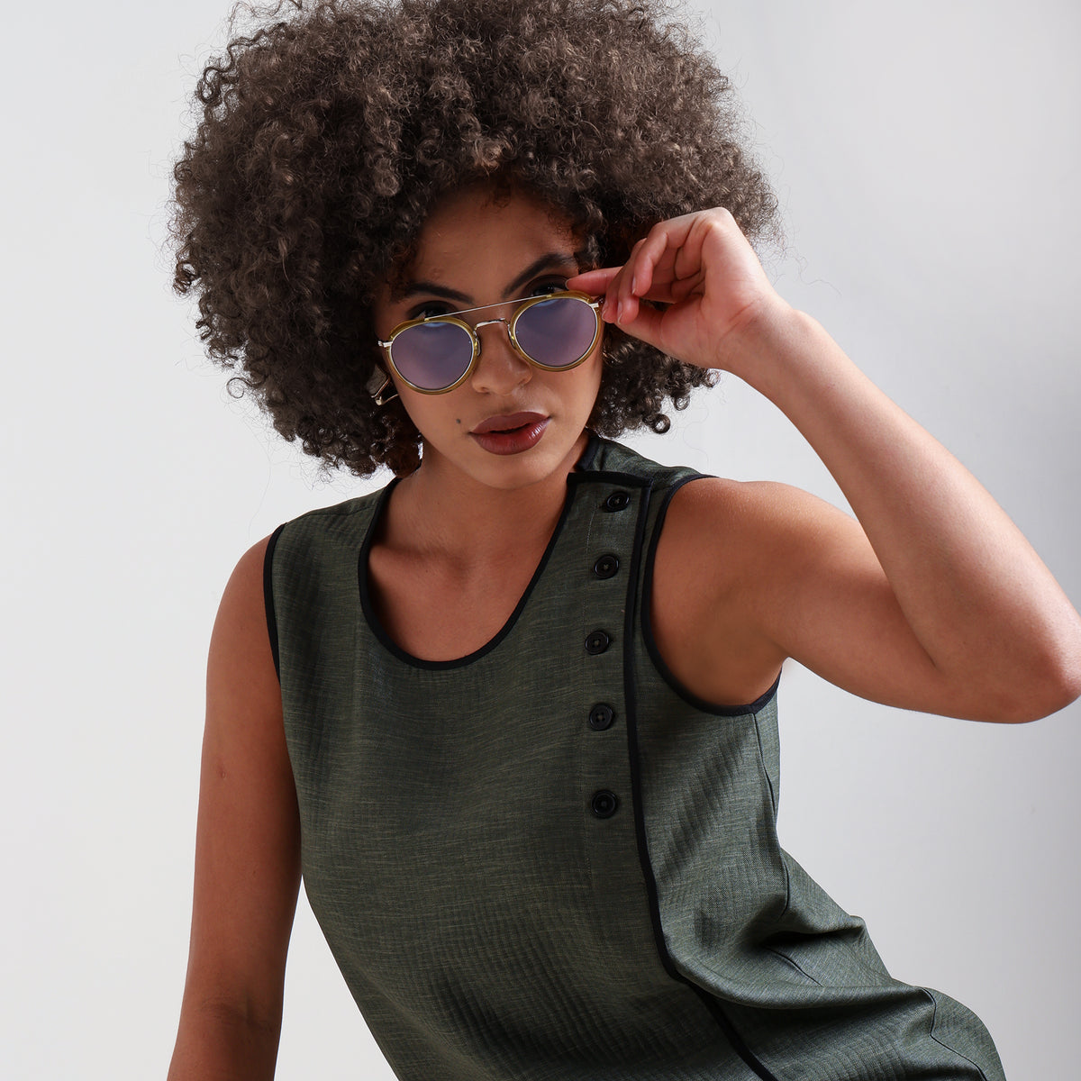 Olive Green Textured Sleeveless Top With Black Piping