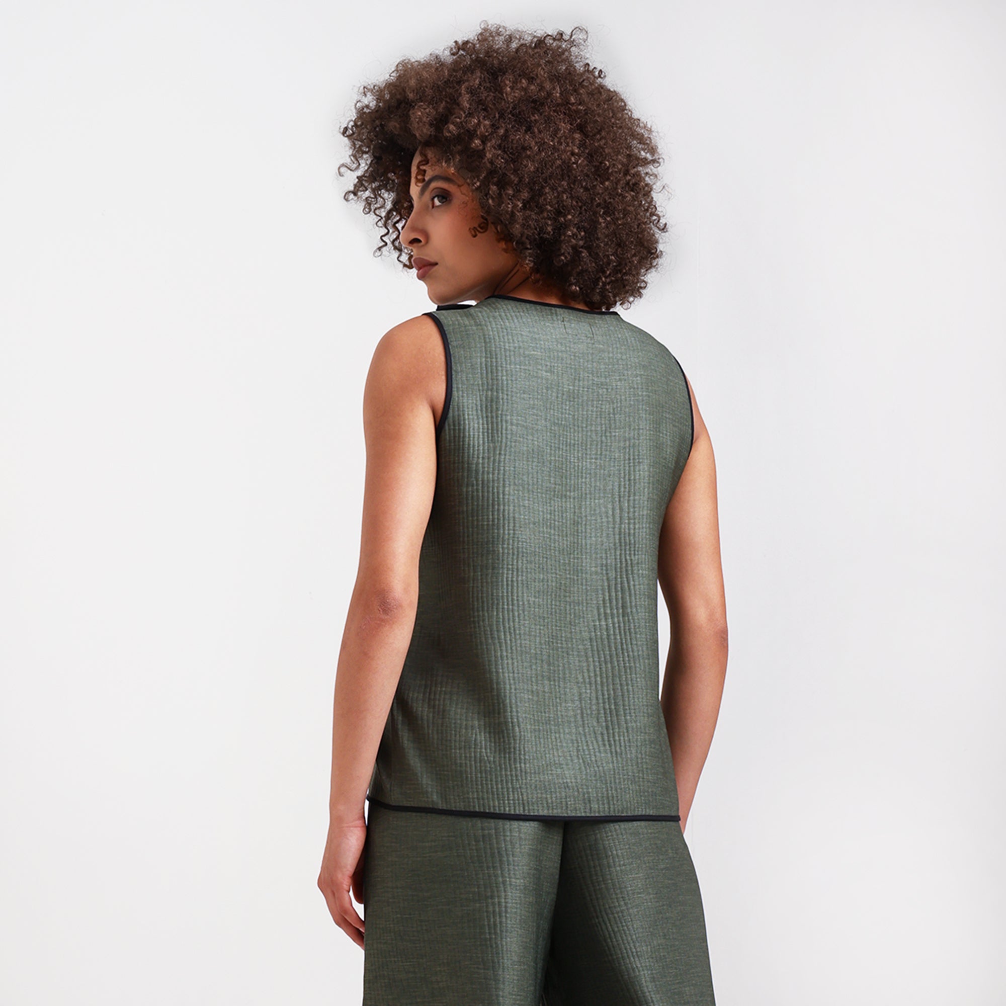 Olive Green Textured Sleeveless Top With Black Piping