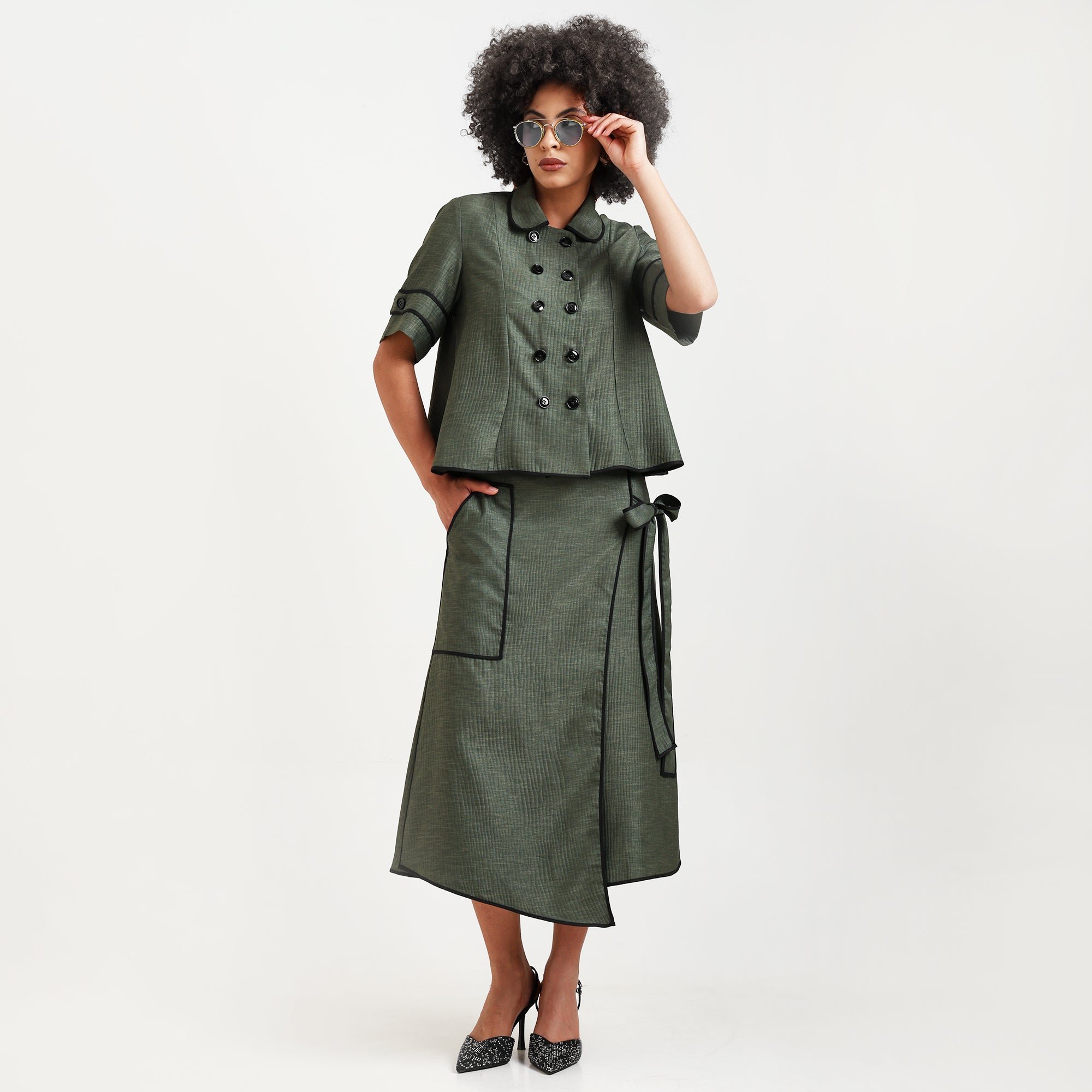 Olive Green Asymmetrical Textured Skirt With Black Piping
