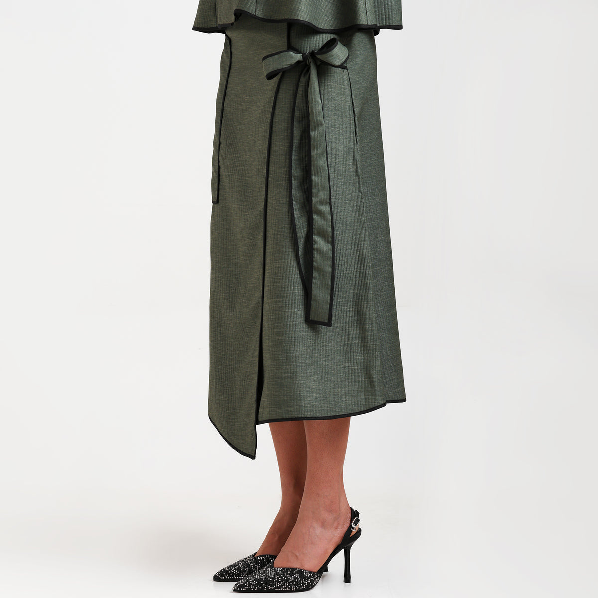 Olive Green Asymmetrical Textured Skirt With Black Piping