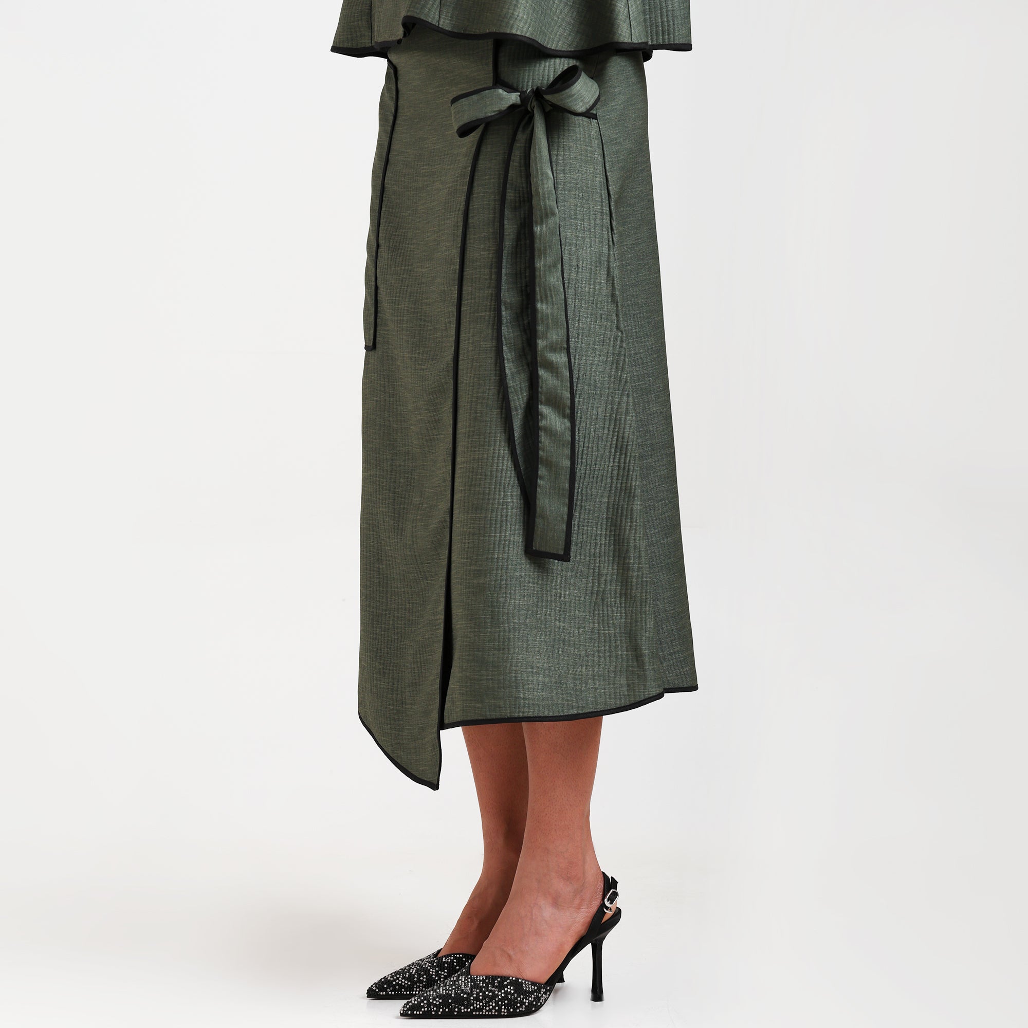 Olive Green Asymmetrical Textured Skirt With Black Piping