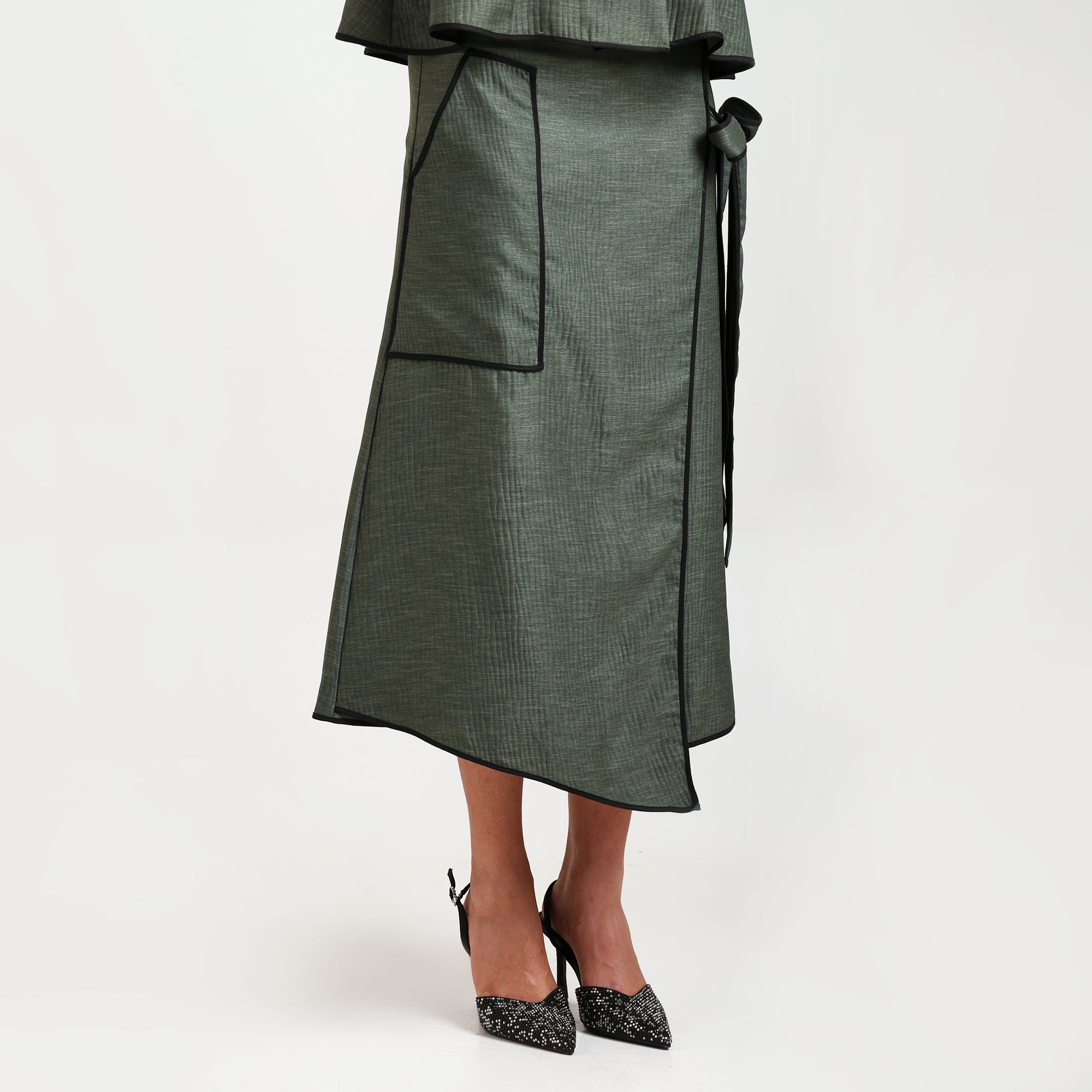 Olive Green Asymmetrical Textured Skirt With Black Piping
