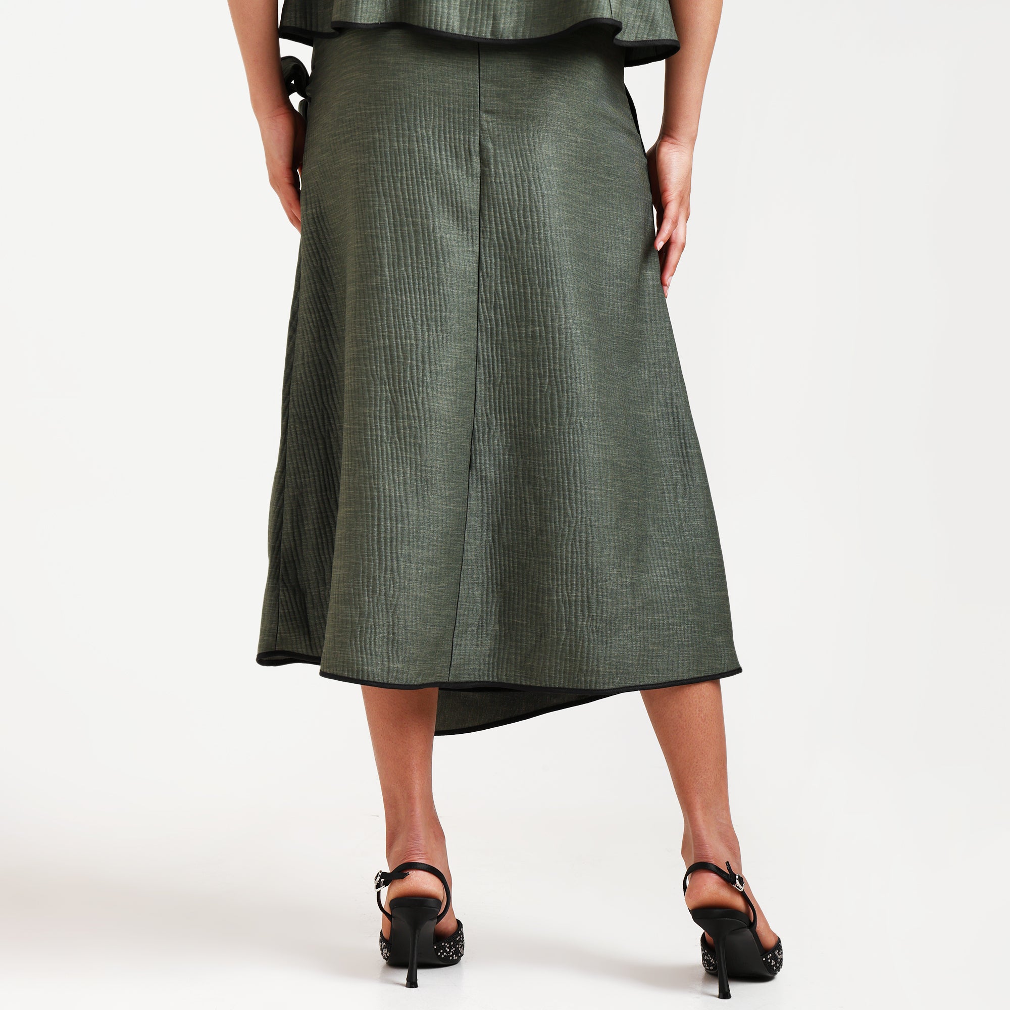 Olive Green Asymmetrical Textured Skirt With Black Piping