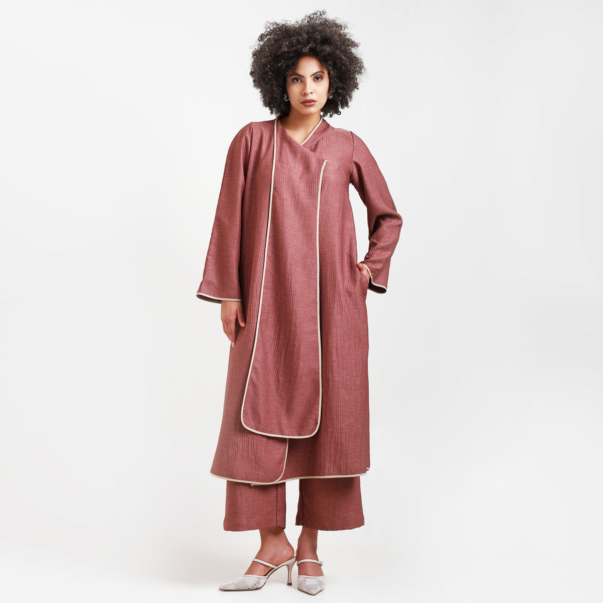 Peach Textured Overlap Kurta With Beige Piping