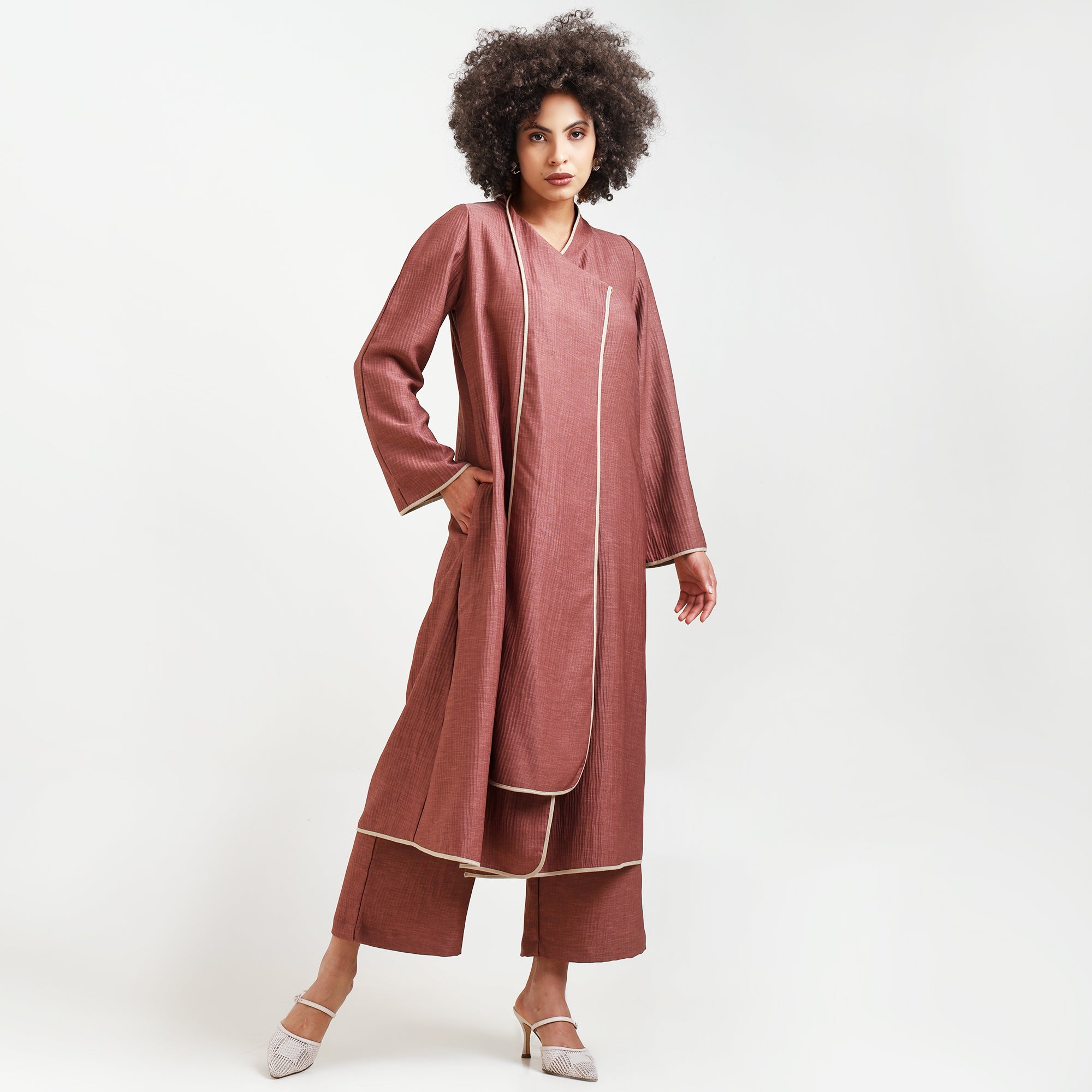 Peach Textured Overlap Kurta With Beige Piping