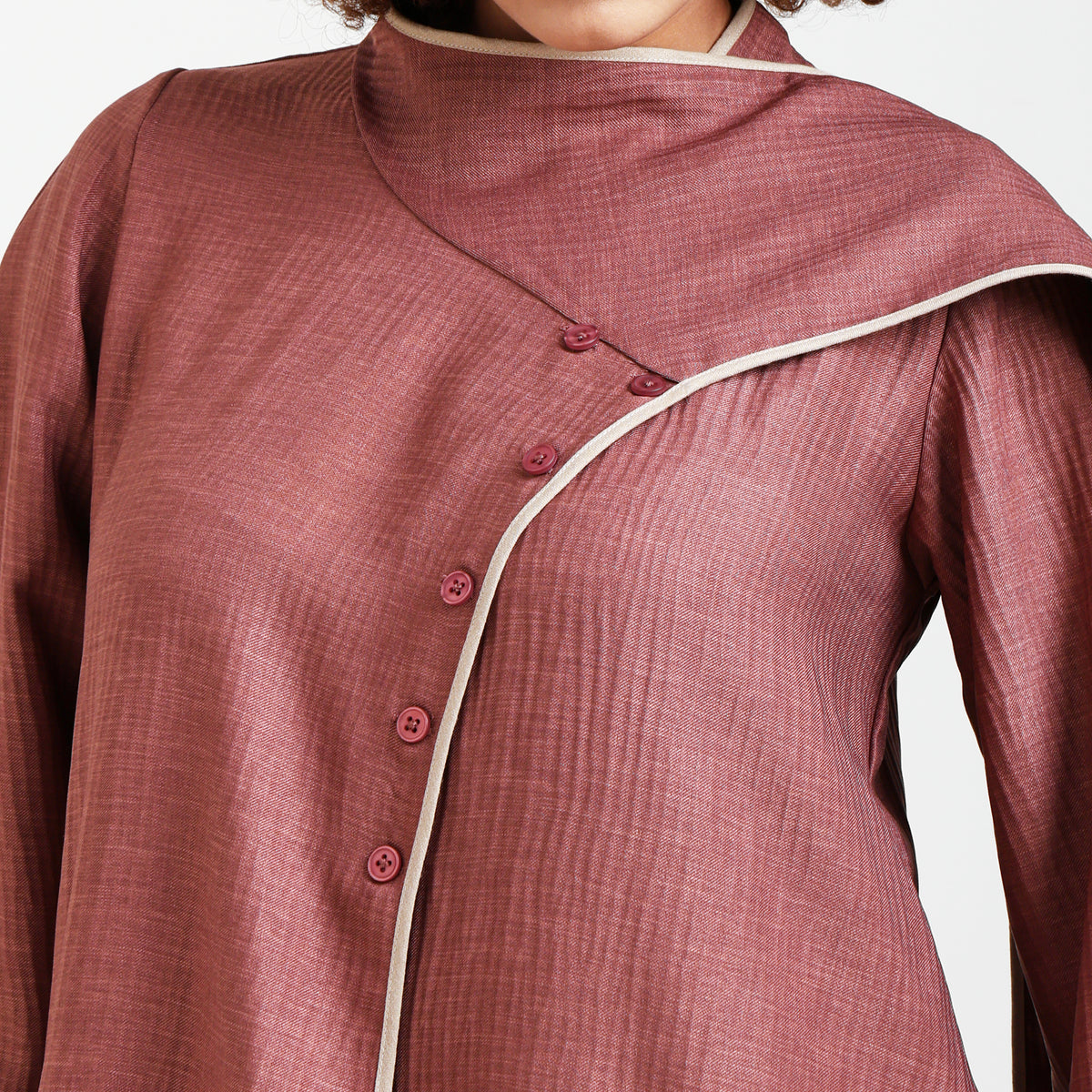 Peach Textured Overlap Kurta With Beige Piping