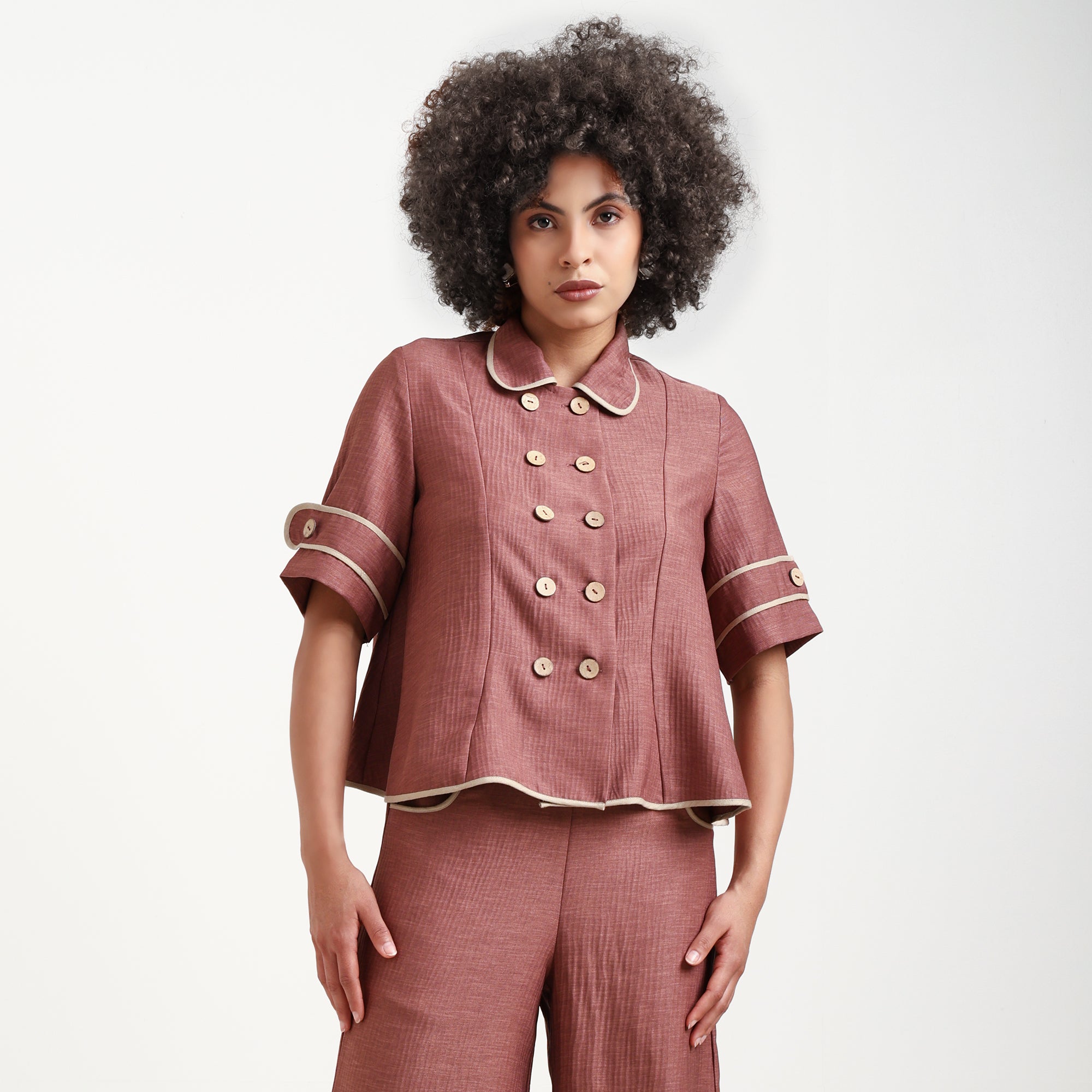 Peach Textured Overlap Top With Beige Piping