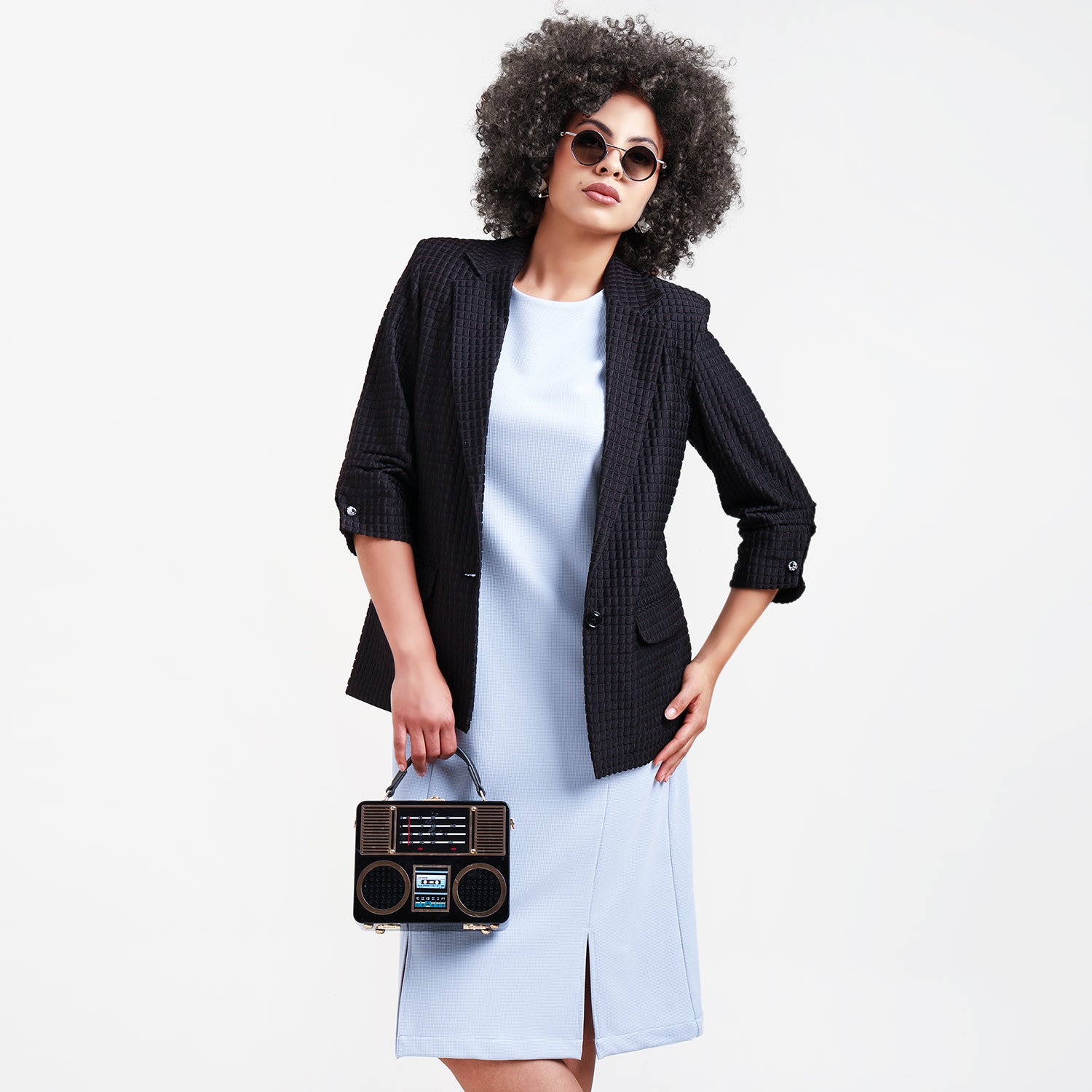 Black Square Textured Jacket With Cufflinks