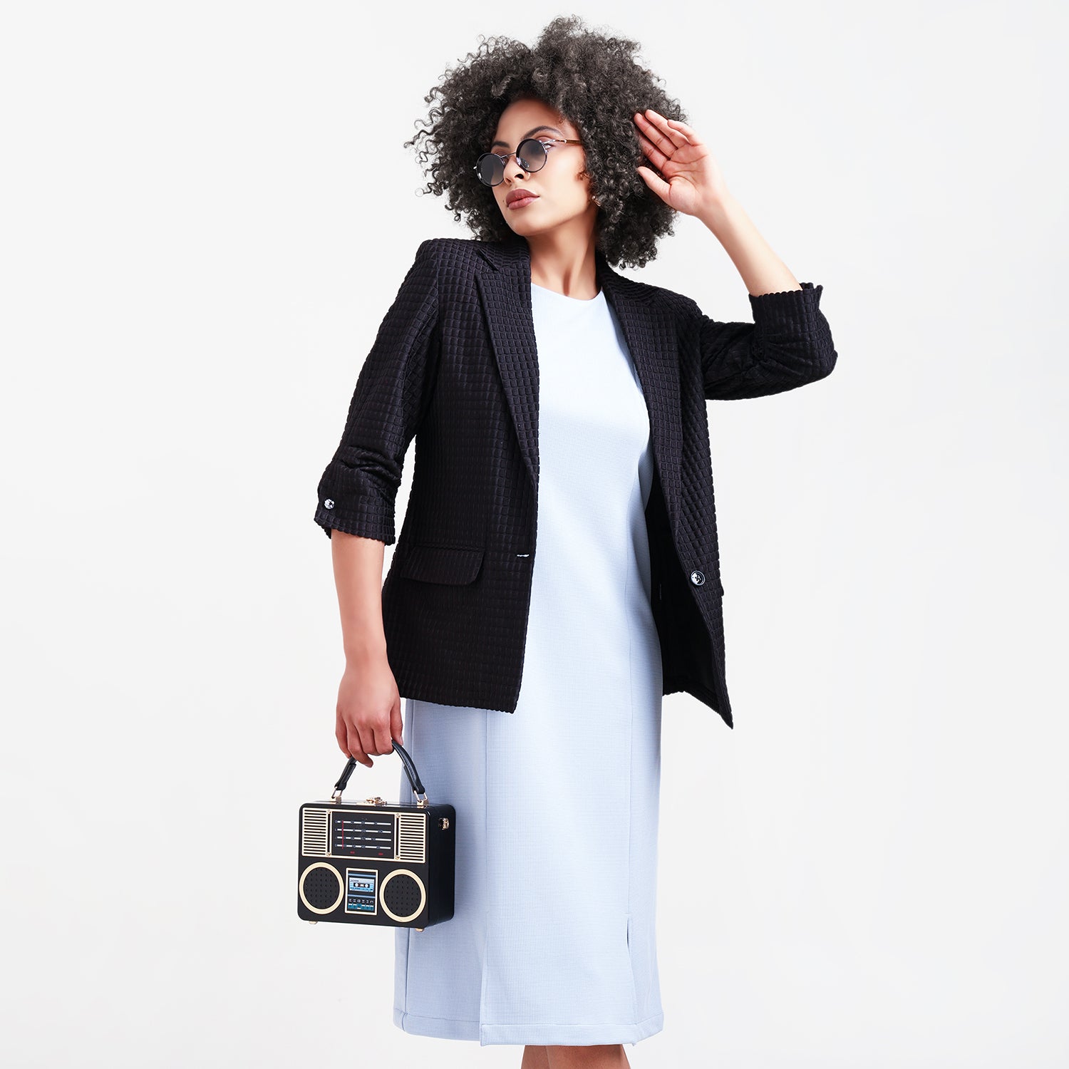 Black Square Textured Jacket With Cufflinks