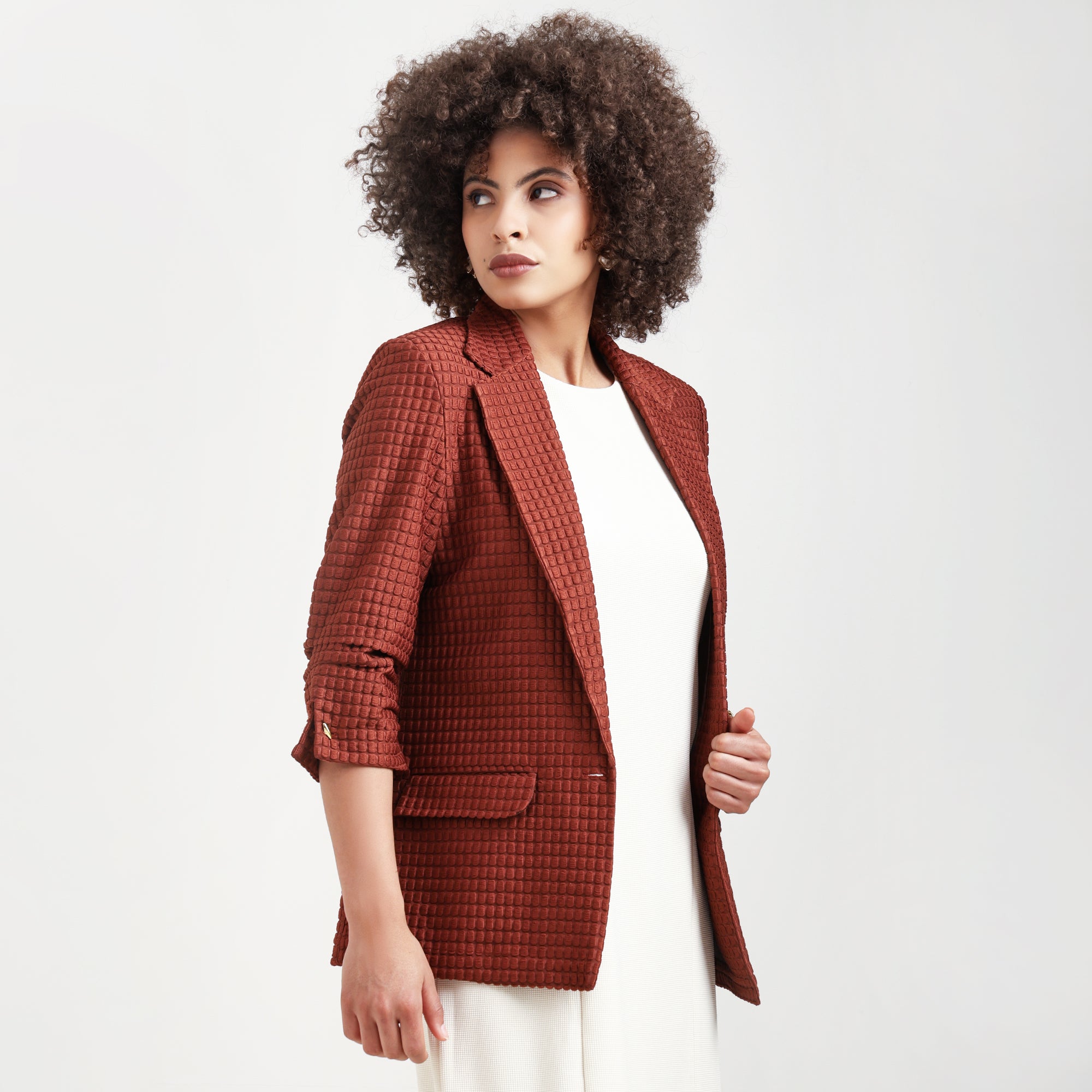 Brown Square Textured Jacket With Cufflinks