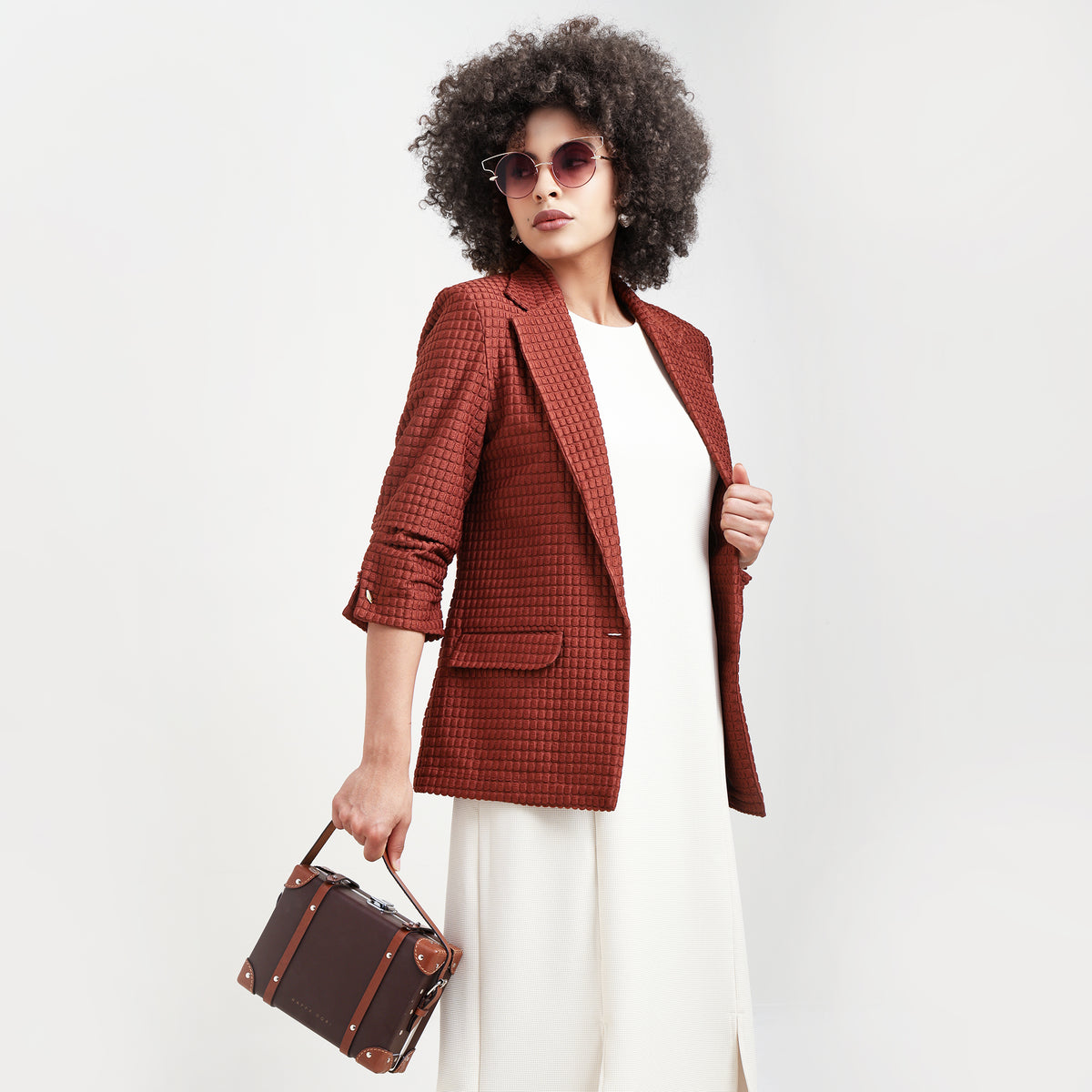 Brown Square Textured Jacket With Cufflinks