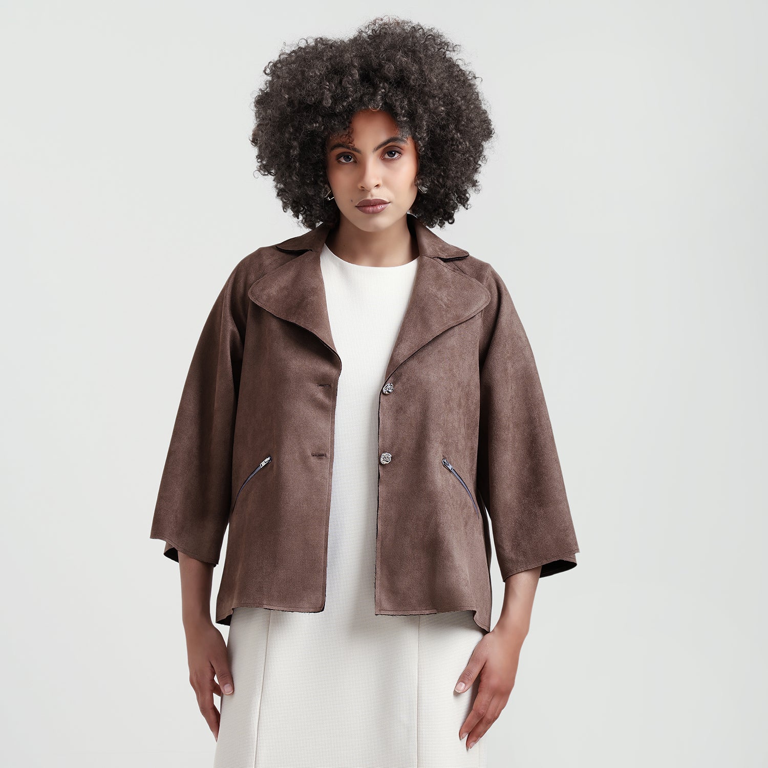 Brown Suede Jacket Bell Sleeve With Metal Silver Zip At Pocket