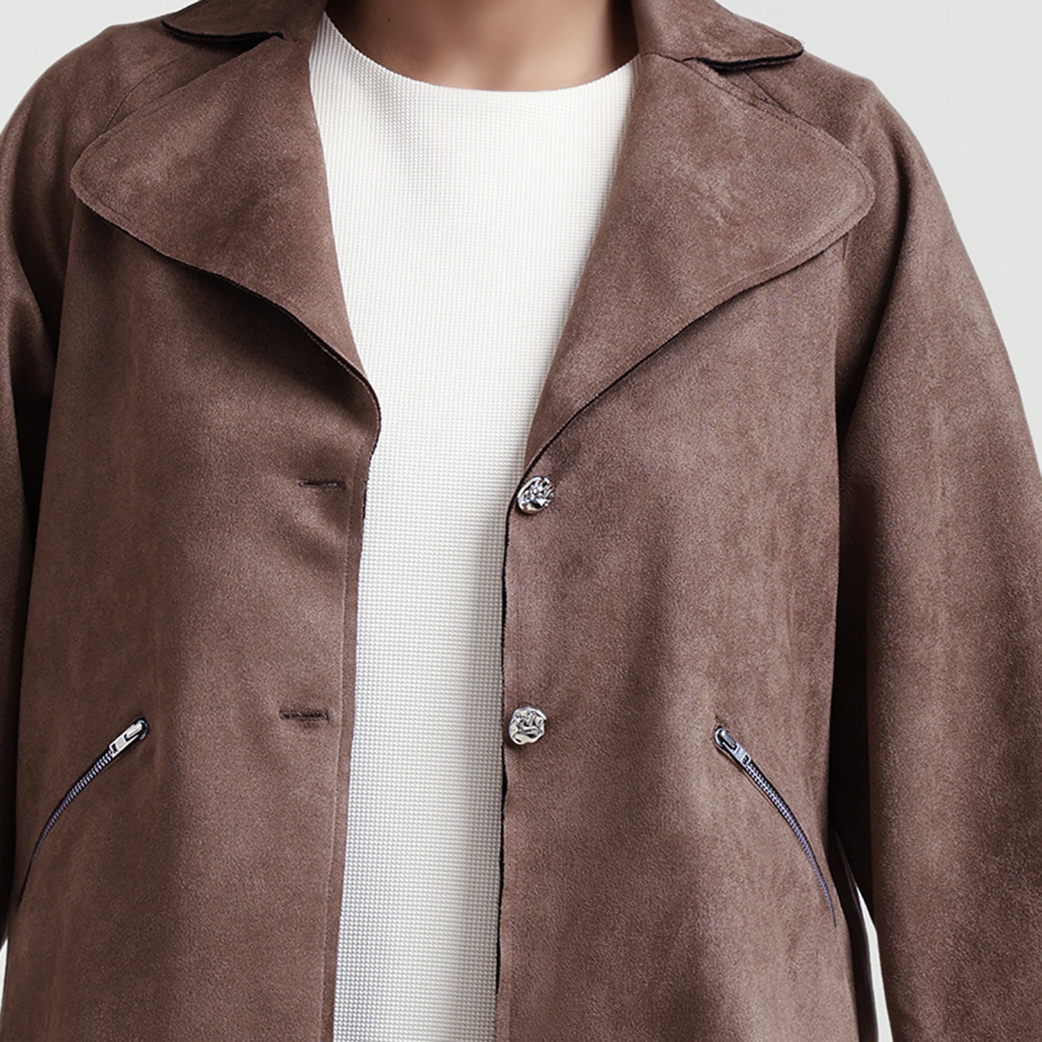 Brown Suede Jacket Bell Sleeve With Metal Silver Zip At Pocket
