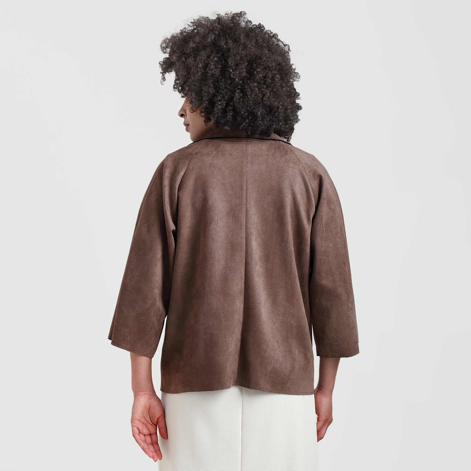 Brown Suede Jacket Bell Sleeve With Metal Silver Zip At Pocket