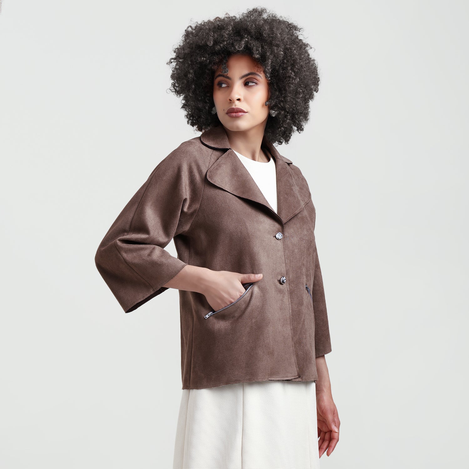 Brown Suede Jacket Bell Sleeve With Metal Silver Zip At Pocket