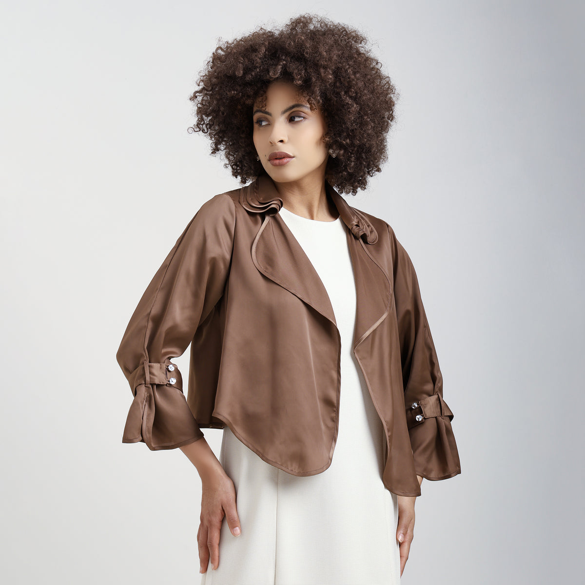 Brown Satin Shrug With Layered Collar