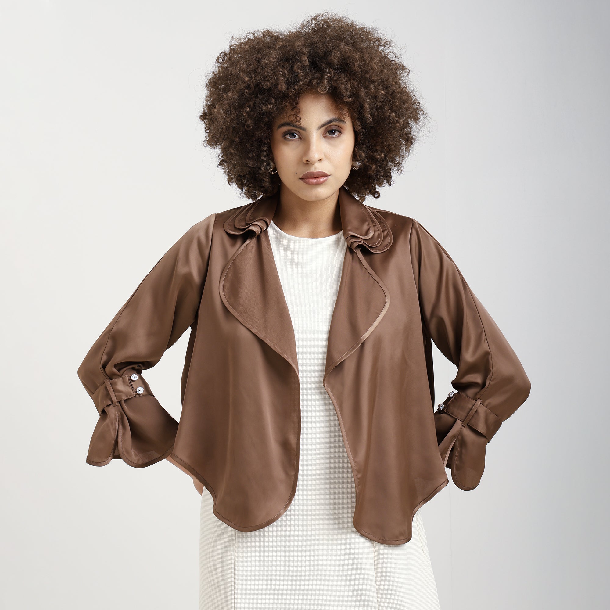 Brown Satin Shrug With Layered Collar