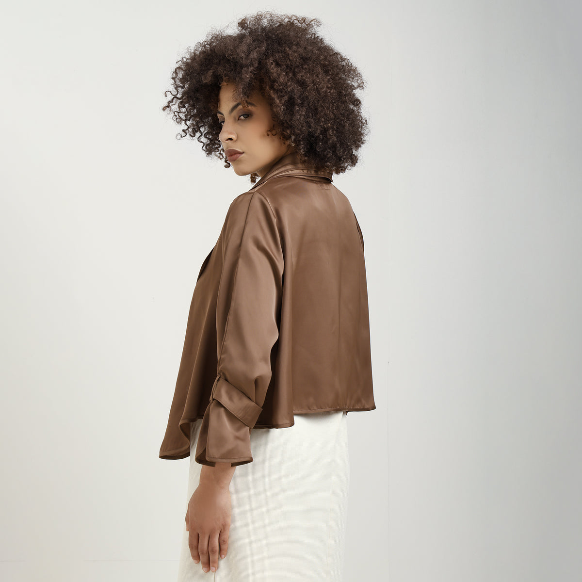 Brown Satin Shrug With Layered Collar