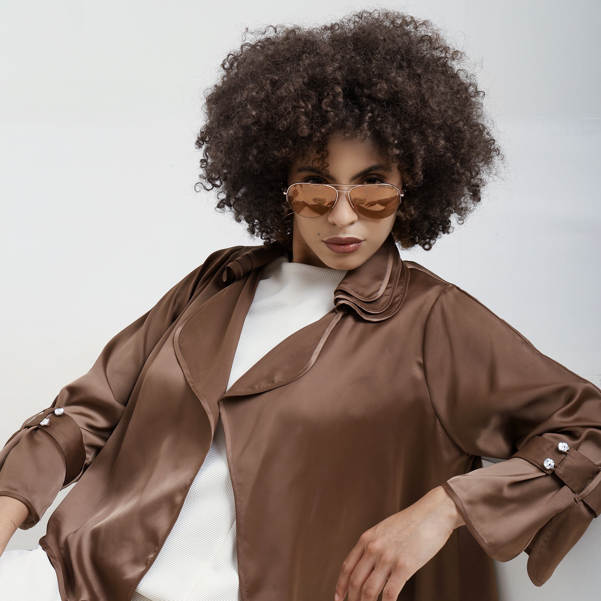 Brown Satin Shrug With Layered Collar