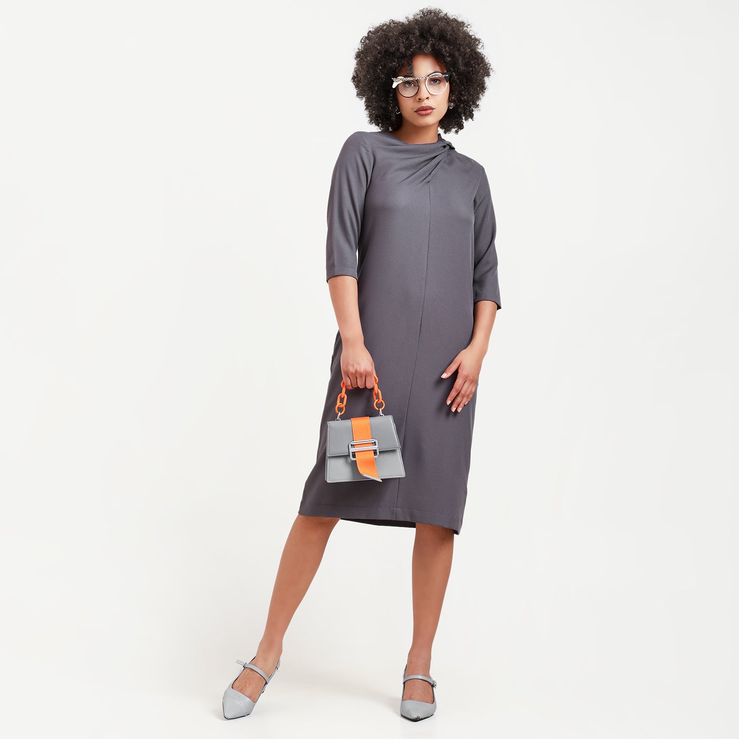 Grey Cowl Neck Drape Dress