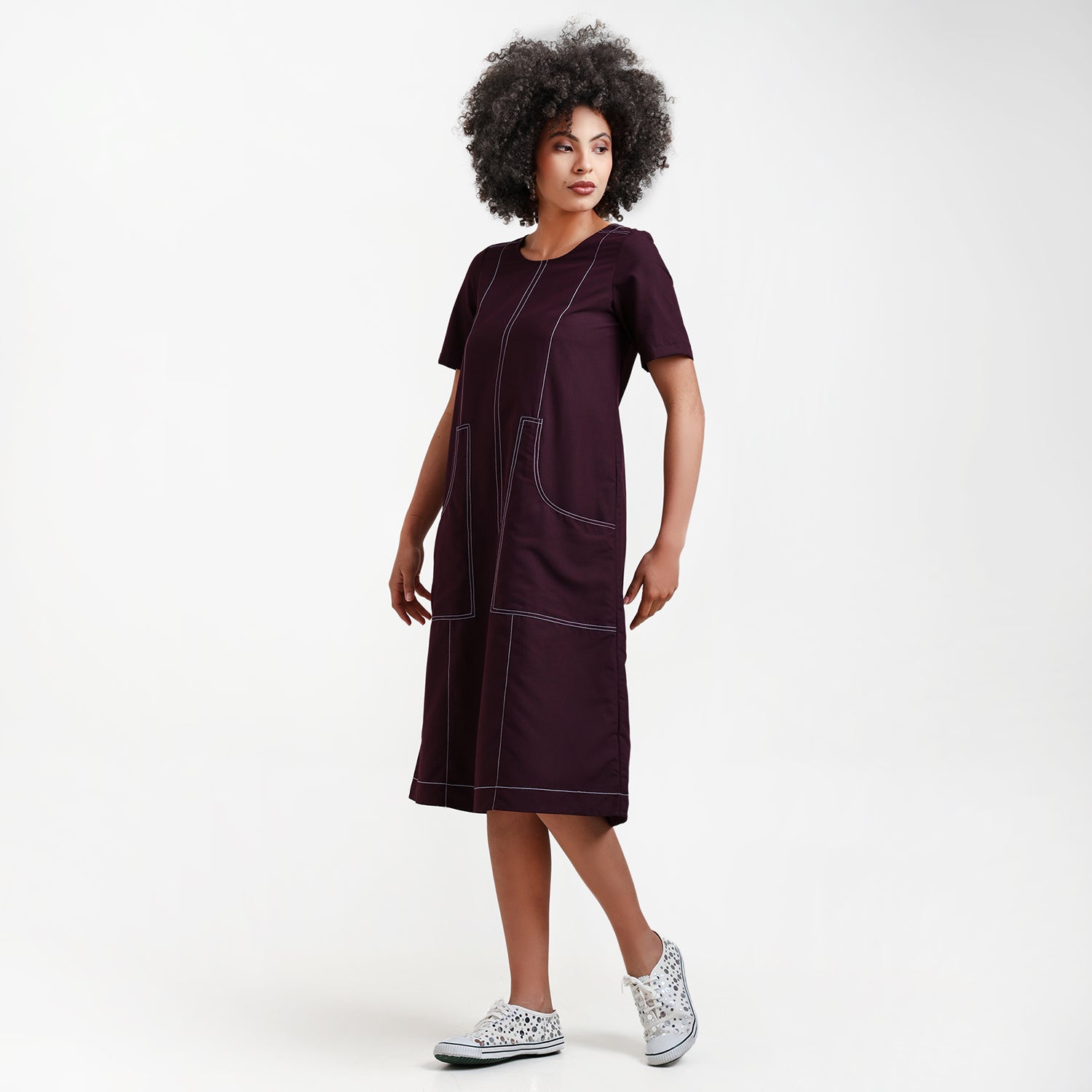 Prune Dress With White Top Stitch