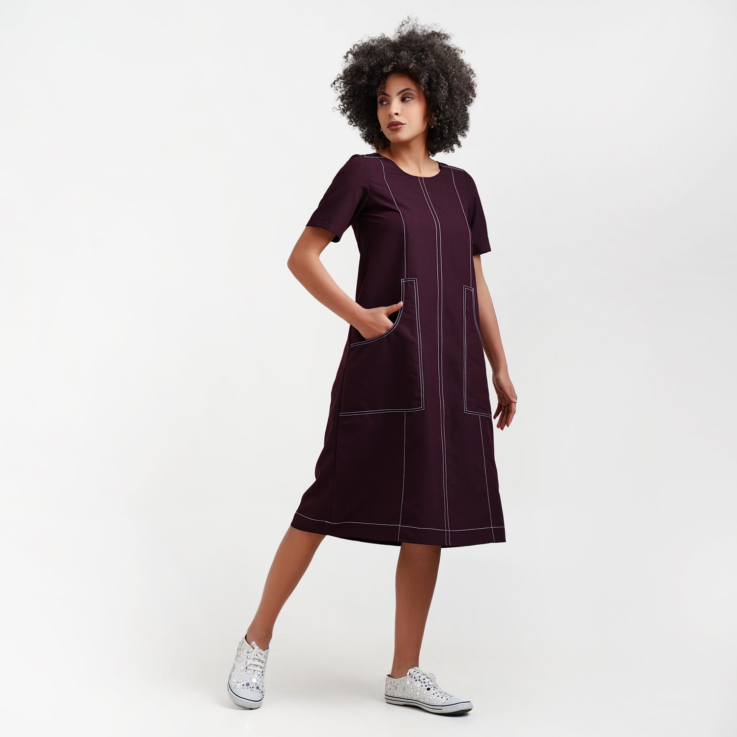Prune Dress With White Top Stitch